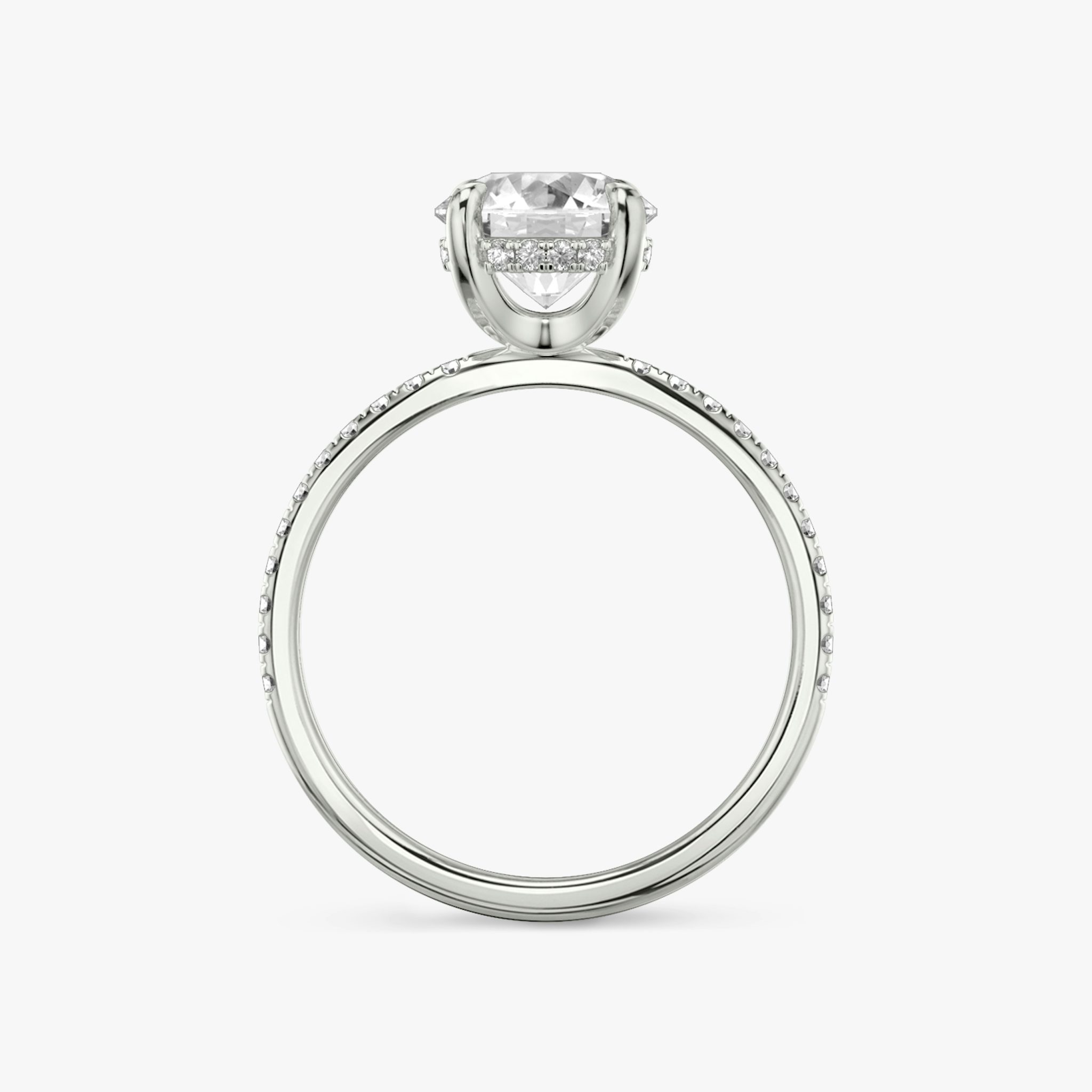 The Classic Hidden Halo | Round Brilliant | 18k | White Gold | bandAccent: Pavé | bandWidth: standard | caratWeight: other | prongStyle: Plain | diamondOrientation: vertical