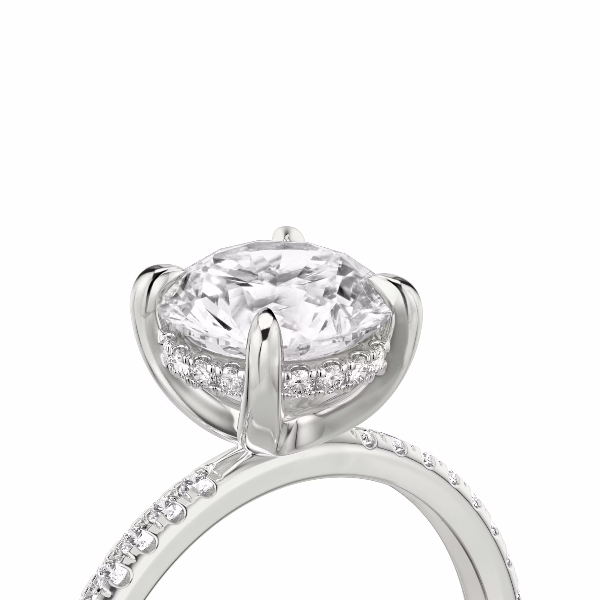 The Classic Hidden Halo | Round Brilliant | 18k | White Gold | bandAccent: Pavé | bandWidth: standard | caratWeight: other | prongStyle: Plain | diamondOrientation: vertical