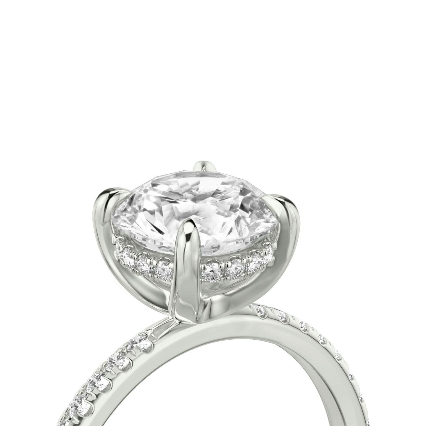 The Classic Hidden Halo | Round Brilliant | Platinum | bandAccent: Pavé | bandWidth: standard | caratWeight: other | prongStyle: Plain | diamondOrientation: vertical