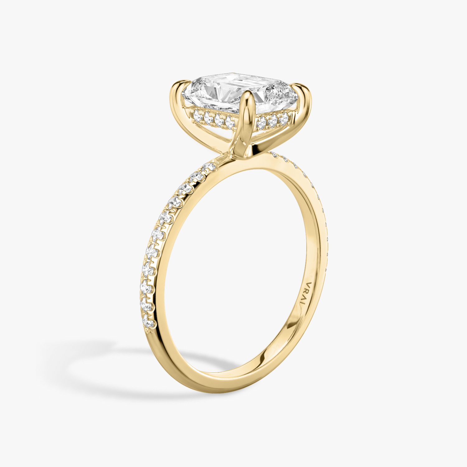 The Classic Hidden Halo Radiant Engagement Ring in Yellow Gold | Standard Pavé Band with Plain Prongs