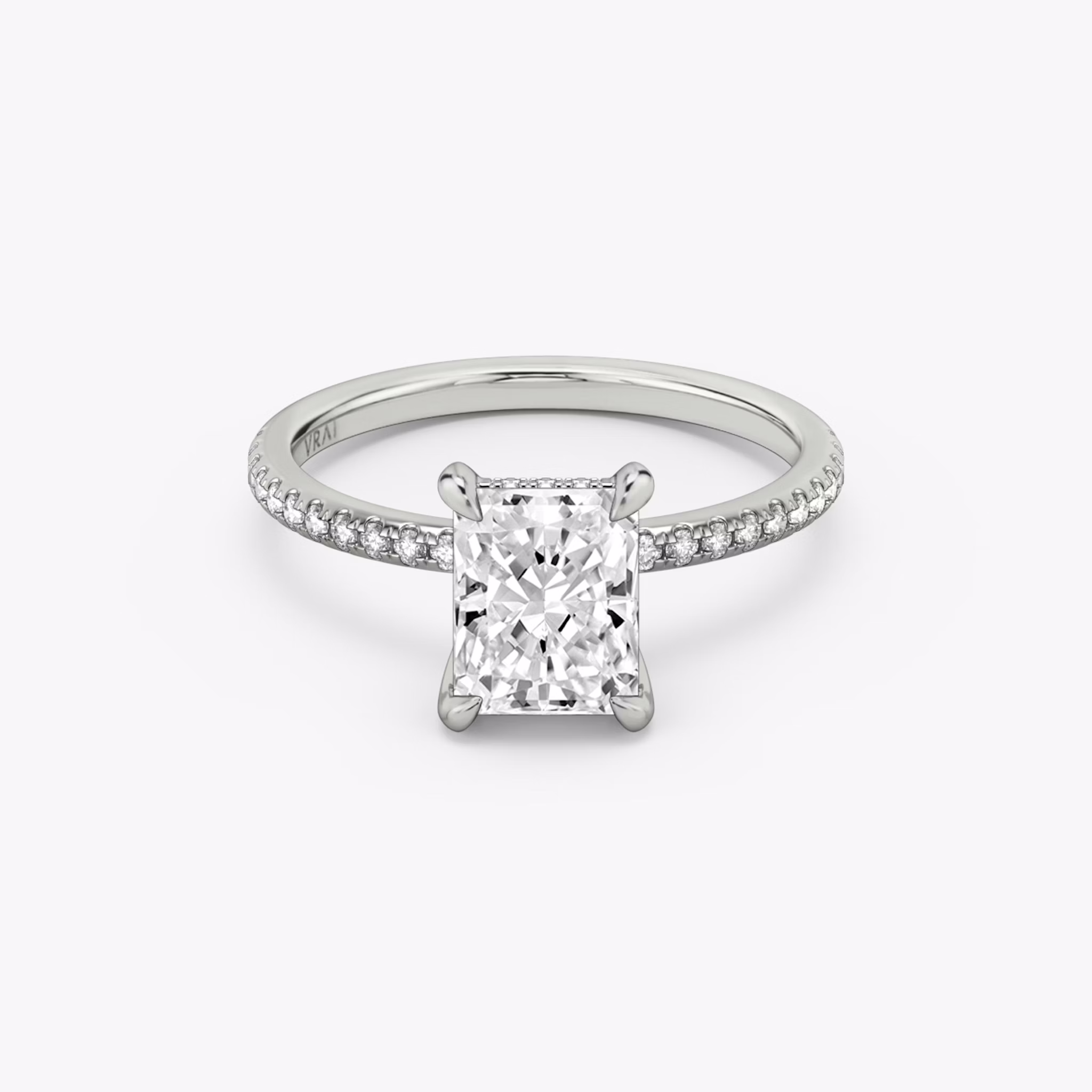 The Classic Hidden Halo | Radiant | 18k | White Gold | bandAccent: Pavé | bandWidth: standard | prongStyle: Plain | diamondOrientation: vertical | caratWeight: other