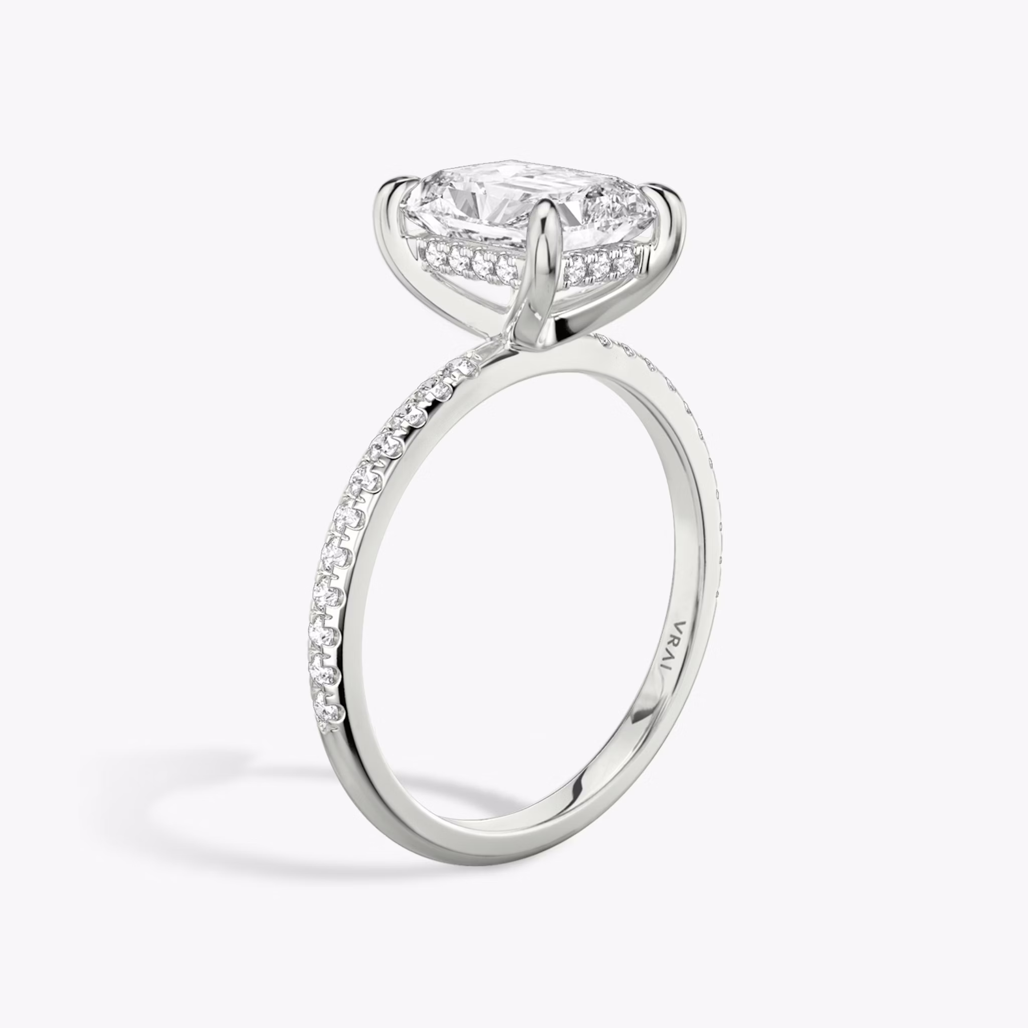 The Classic Hidden Halo | Radiant | 18k | White Gold | bandAccent: Pavé | bandWidth: standard | prongStyle: Plain | diamondOrientation: vertical | caratWeight: other