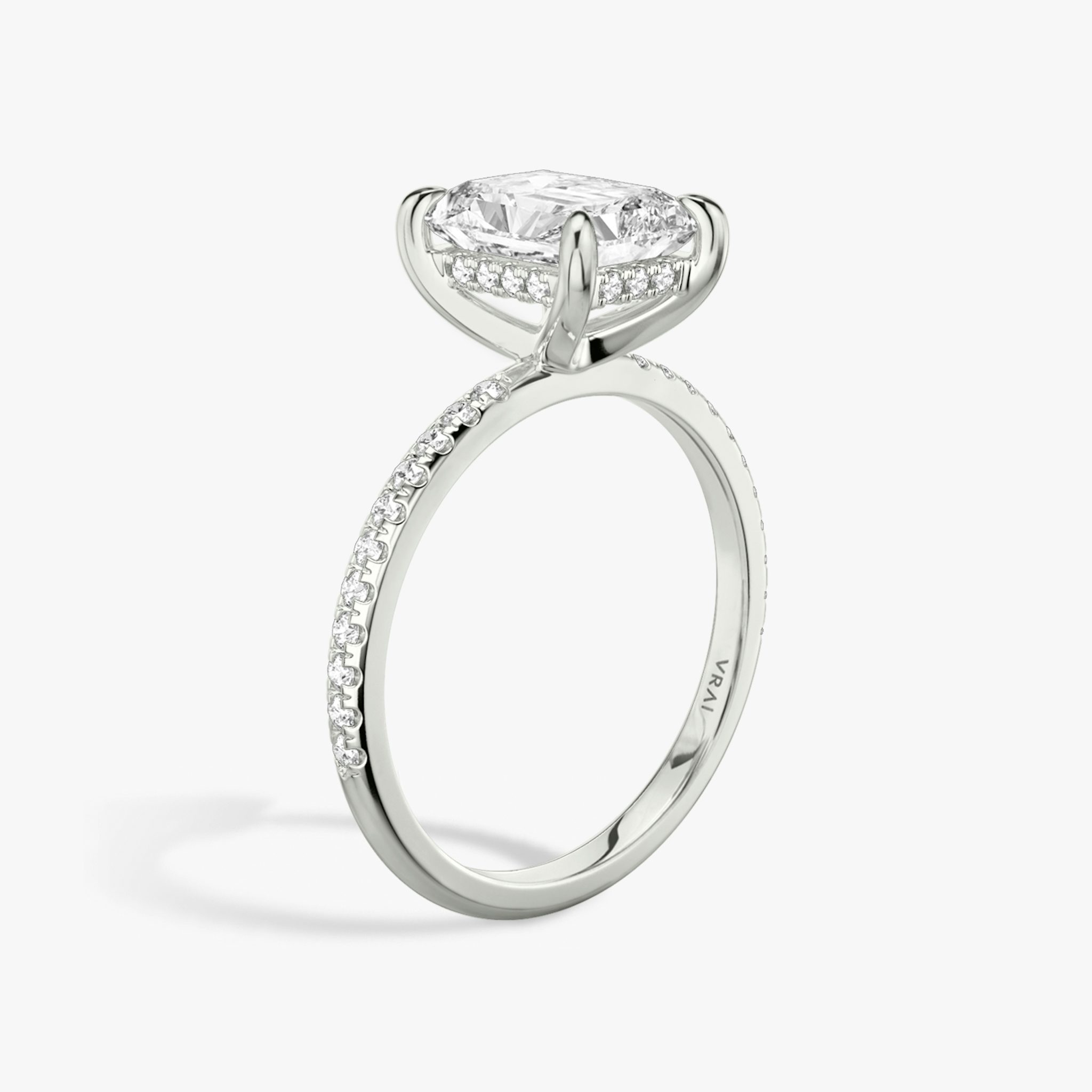 The Classic Hidden Halo | Radiant | 18k | White Gold | bandAccent: Pavé | bandWidth: standard | prongStyle: Plain | diamondOrientation: vertical | caratWeight: other