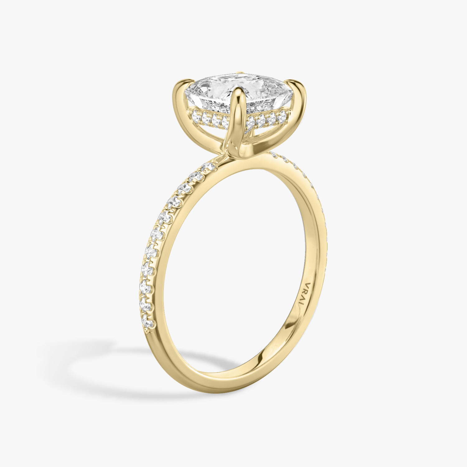 The Classic Hidden Halo Princess Engagement Ring in Yellow Gold | Standard Pavé Band with Plain Prongs