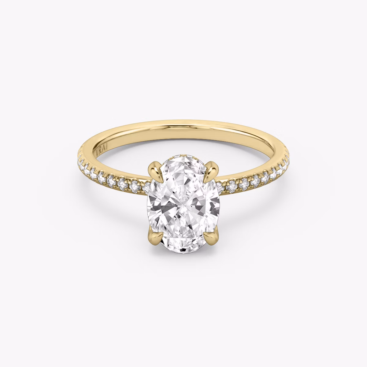 Classic Hidden Halo | Oval | 18k | Gelbgold | bandAccent: Mit Pavé-Besatz | bandWidth: standard | prongStyle: Ohne Pavé-Besatz | diamondOrientation: vertical | caratWeight: other