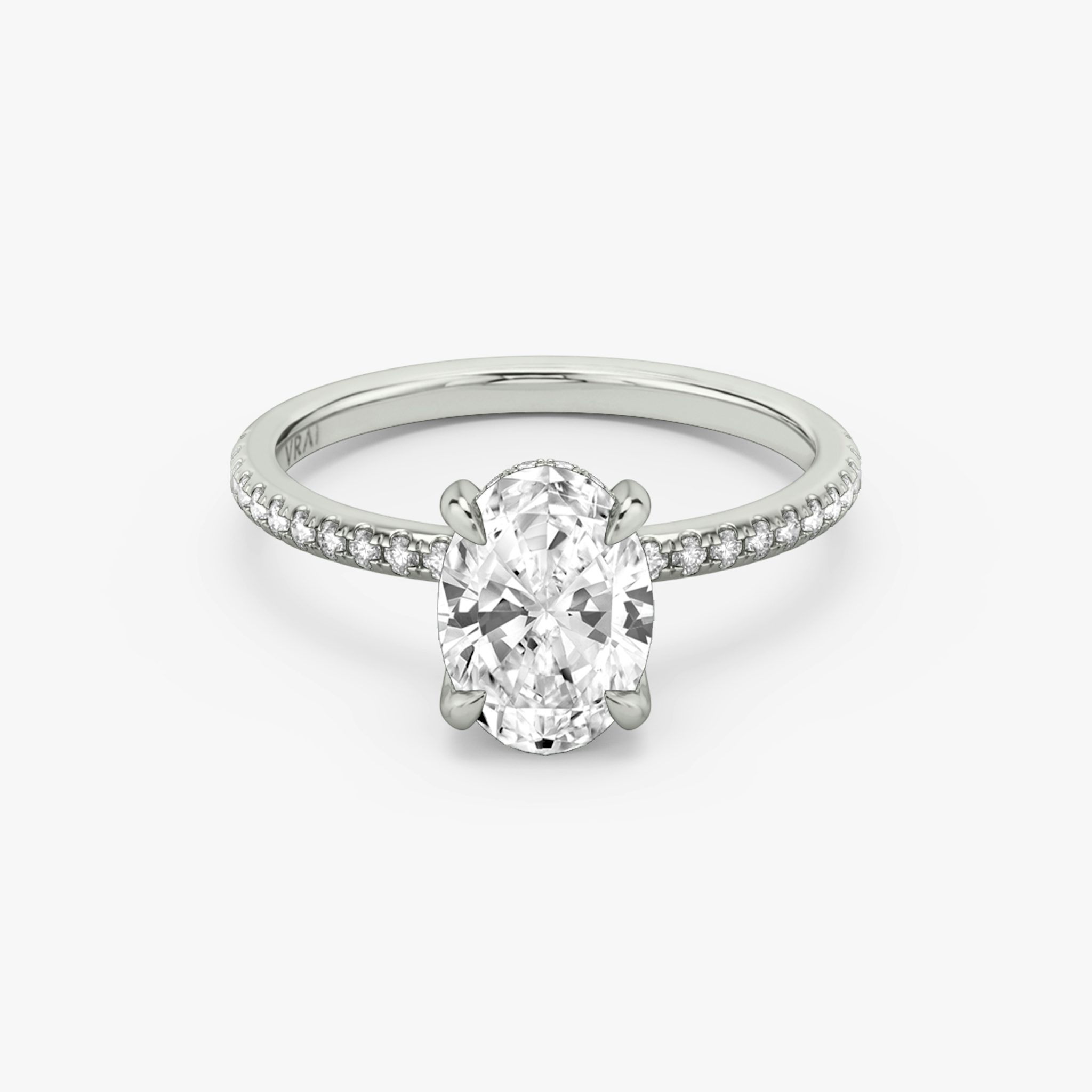 The Classic Hidden Halo | Oval | 18k | White Gold | bandAccent: Pavé | bandWidth: standard | prongStyle: Plain | diamondOrientation: vertical | caratWeight: other