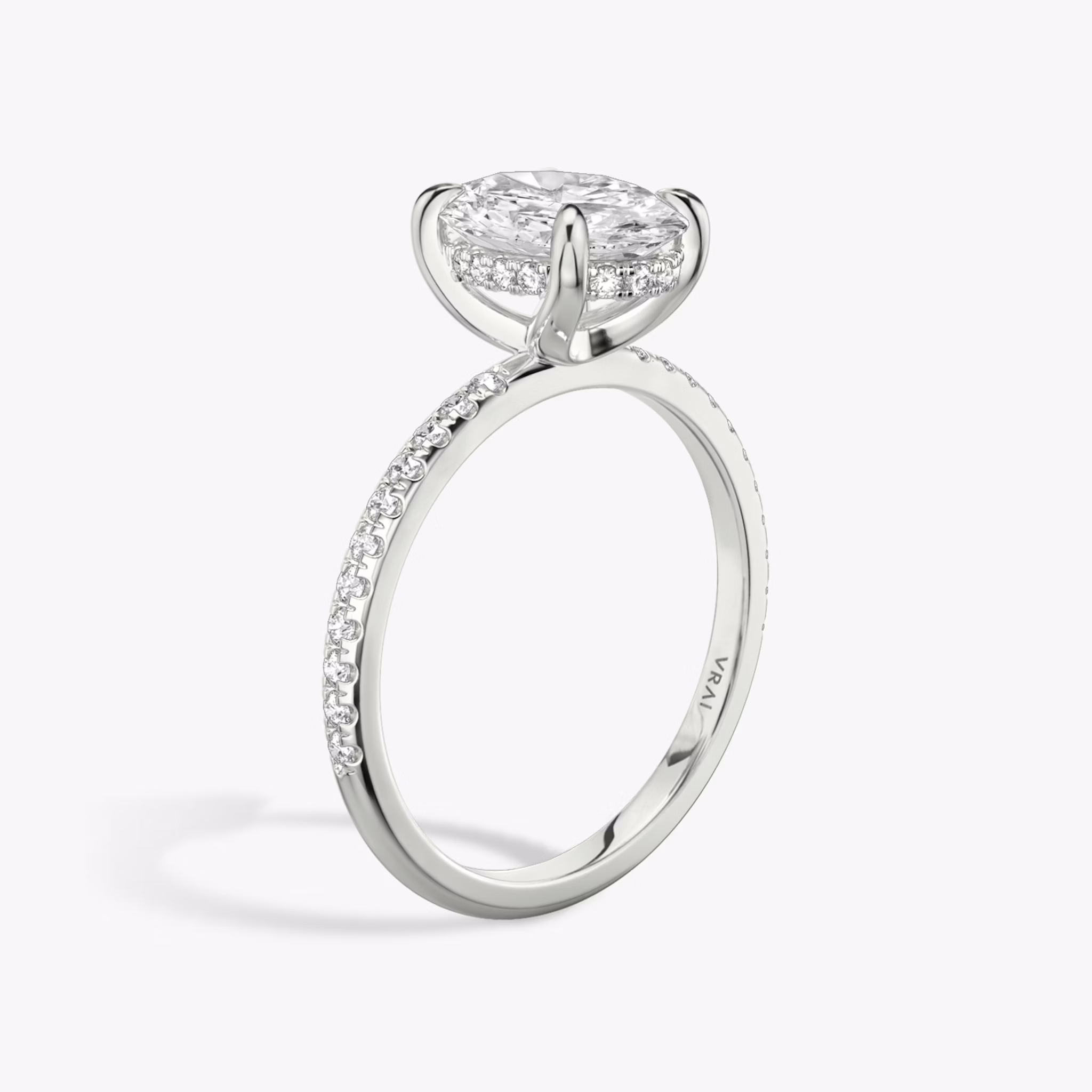 The Classic Hidden Halo | Oval | 18k | White Gold | bandAccent: Pavé | bandWidth: standard | prongStyle: Plain | diamondOrientation: vertical | caratWeight: other
