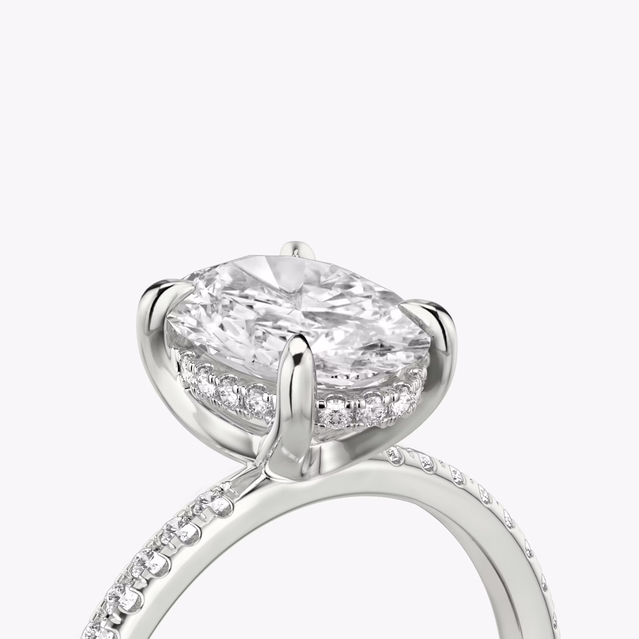 The Classic Hidden Halo | Oval | 18k | White Gold | bandAccent: Pavé | bandWidth: standard | prongStyle: Plain | diamondOrientation: vertical | caratWeight: other