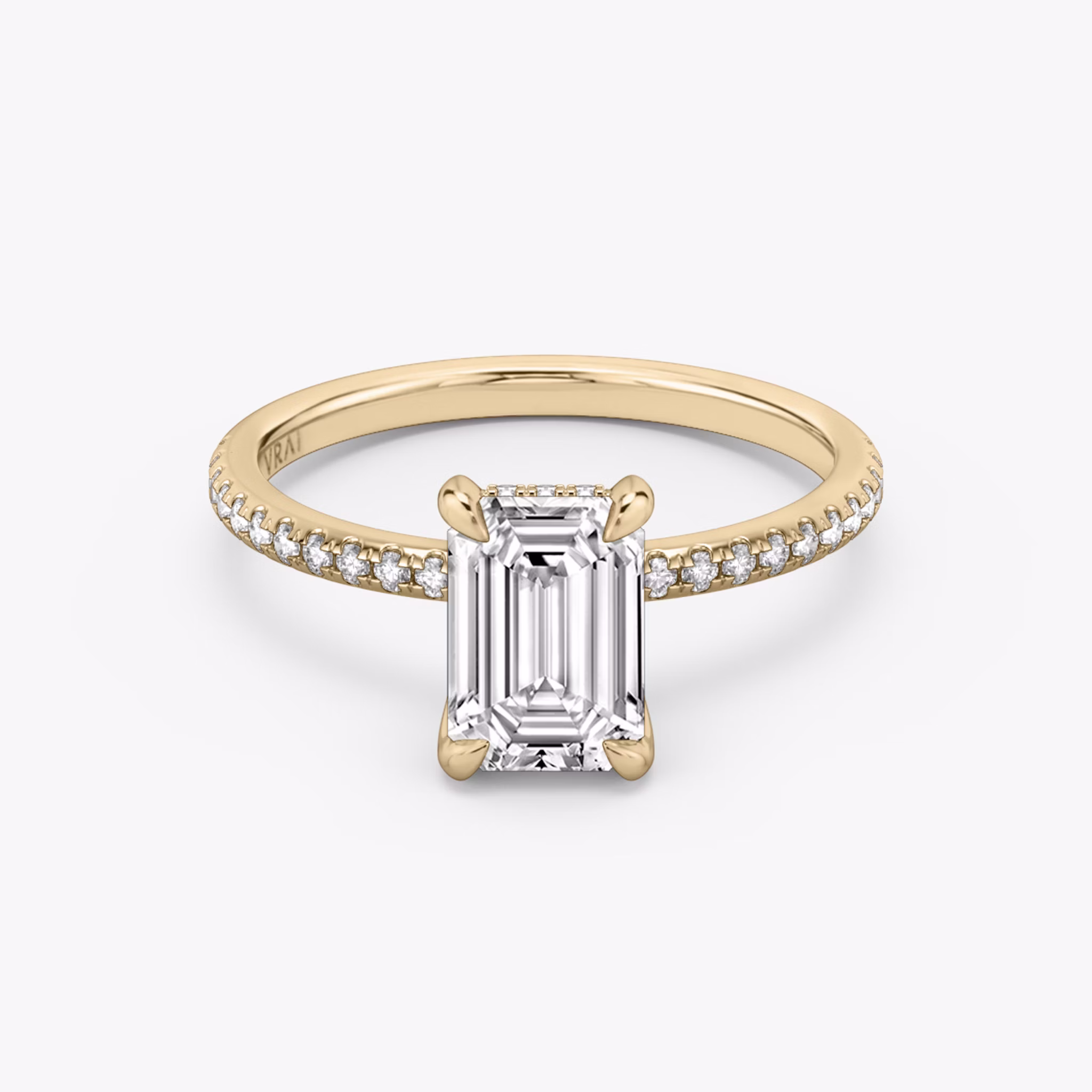 The Classic Hidden Halo | Emerald | 14k | Rose Gold | bandAccent: Pavé | bandWidth: standard | prongStyle: Plain | diamondOrientation: vertical | caratWeight: other