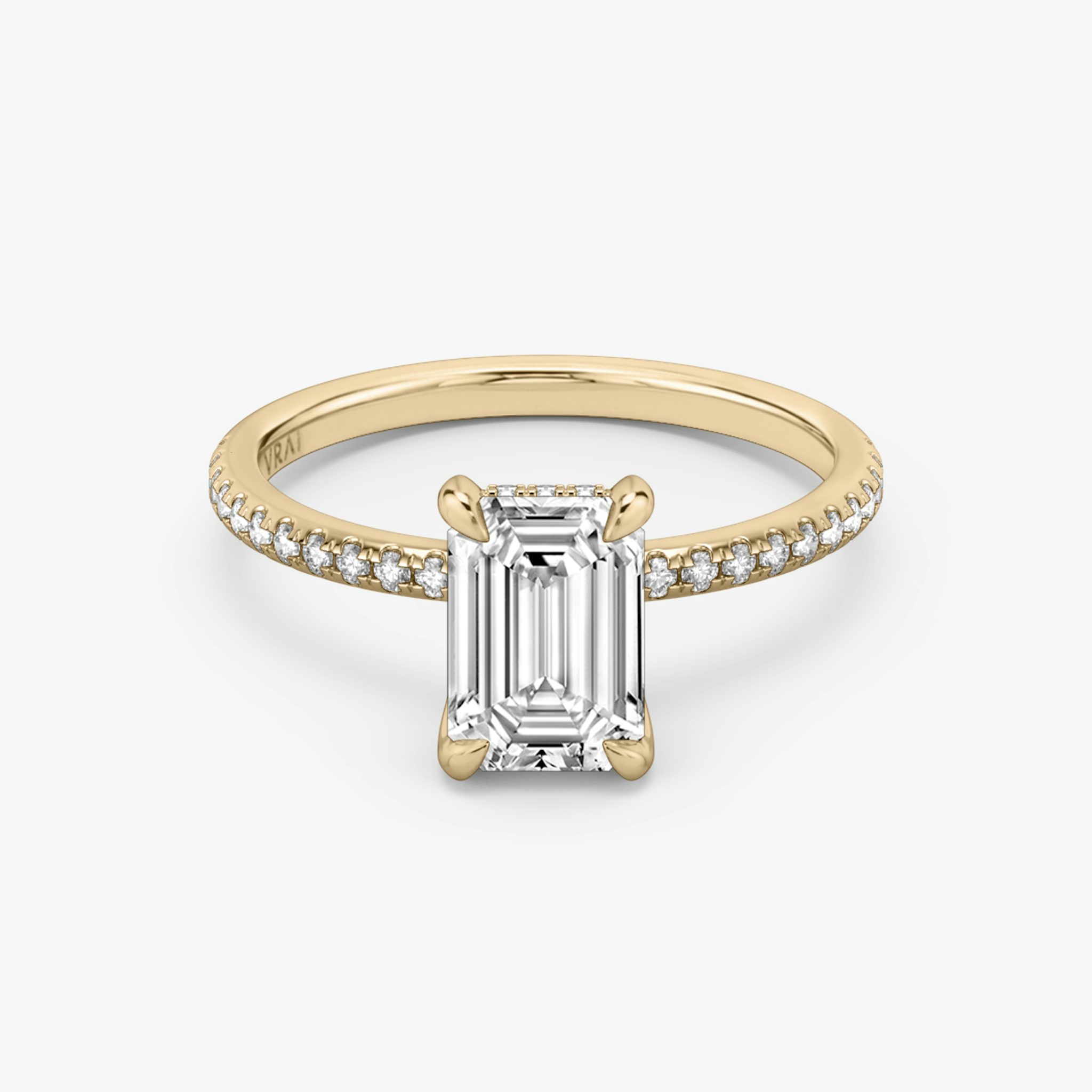 The Classic Hidden Halo | Emerald | 14k | Rose Gold | bandAccent: Pavé | bandWidth: standard | prongStyle: Plain | diamondOrientation: vertical | caratWeight: other