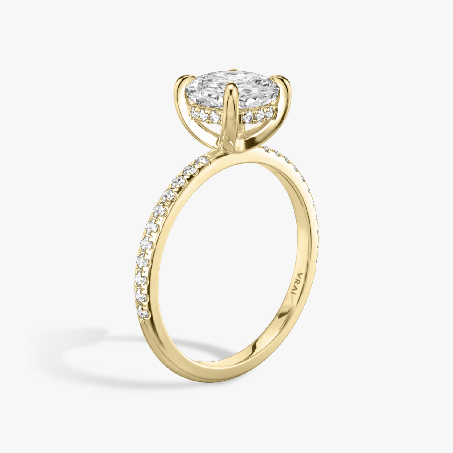 The Classic Hidden Halo Cushion Engagement Ring in Yellow Gold | Standard Pavé Band with Plain Prongs