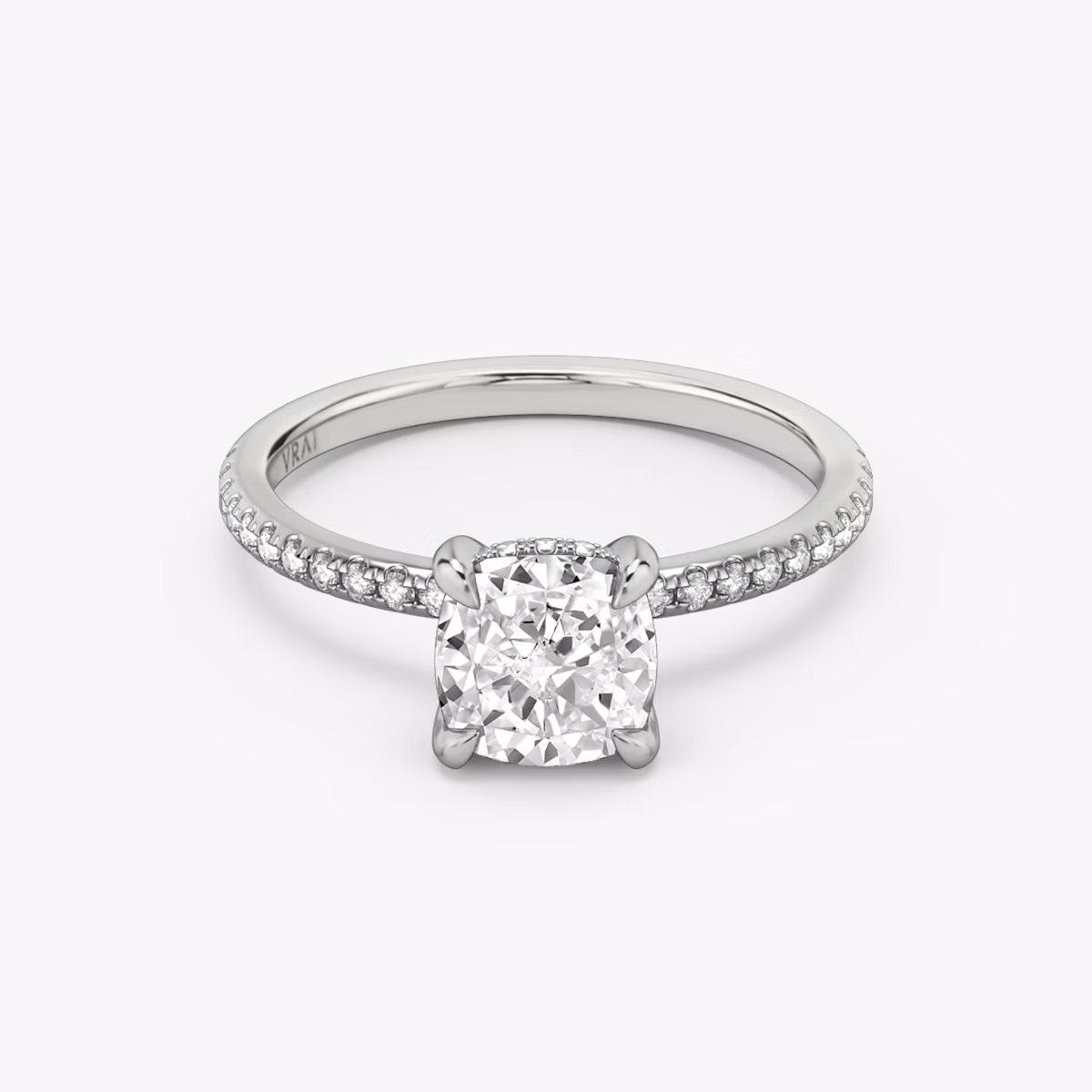 The Classic Hidden Halo | Cushion | Platinum | bandAccent: Pavé | bandWidth: standard | prongStyle: Plain | diamondOrientation: vertical | caratWeight: other