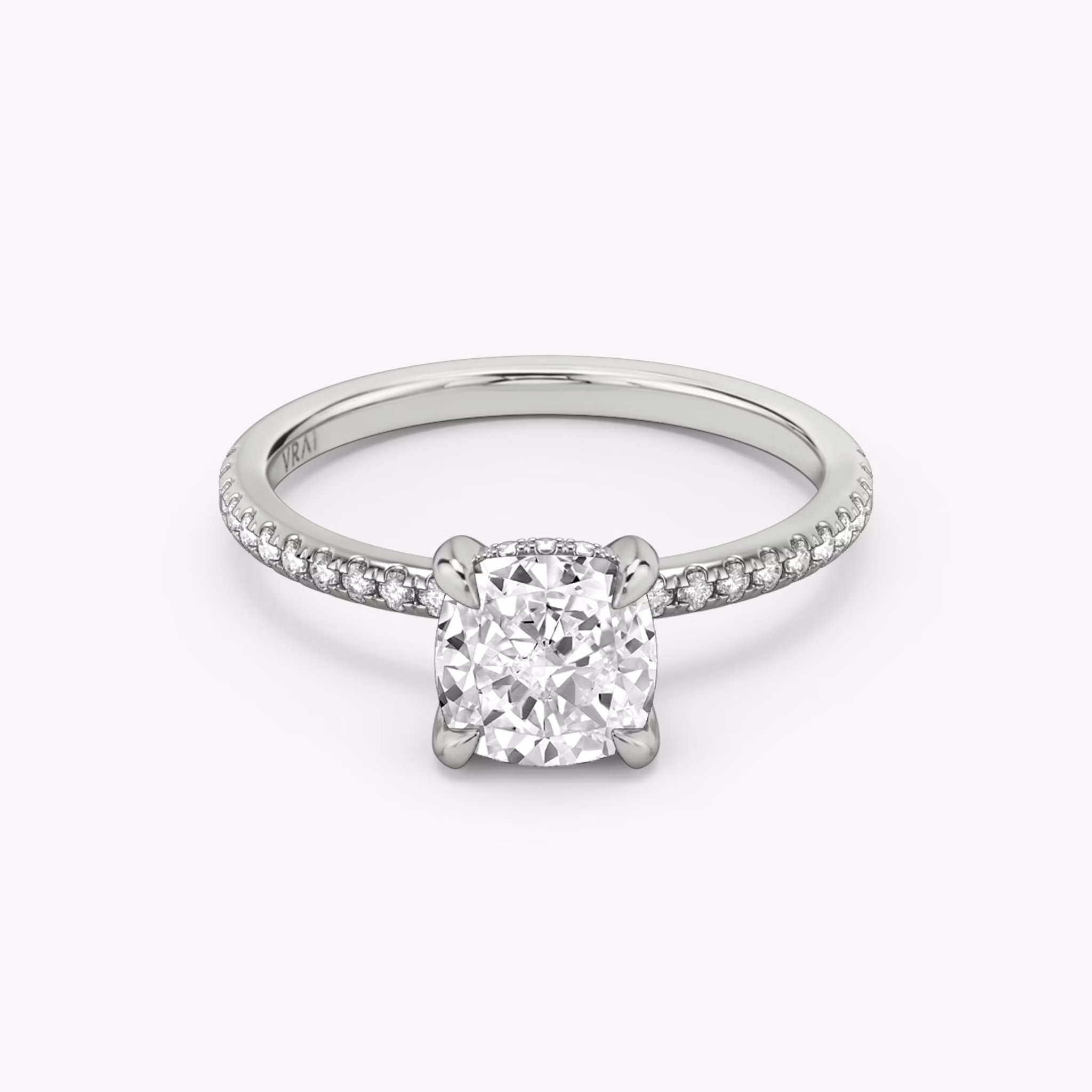 The Classic Hidden Halo | Cushion | 18k | White Gold | bandAccent: Pavé | bandWidth: standard | prongStyle: Plain | diamondOrientation: vertical | caratWeight: other