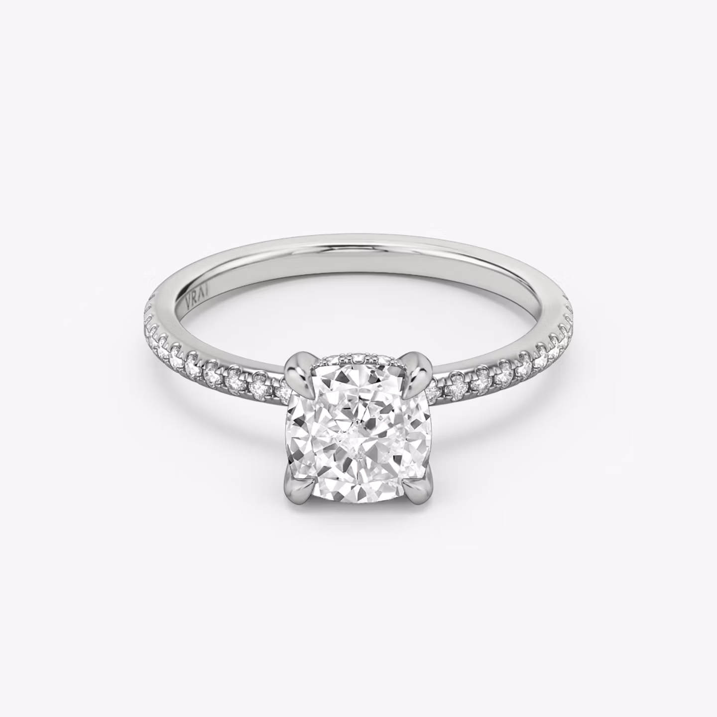 The Classic Hidden Halo | Cushion | Platinum | bandAccent: Pavé | bandWidth: standard | prongStyle: Plain | diamondOrientation: vertical | caratWeight: other