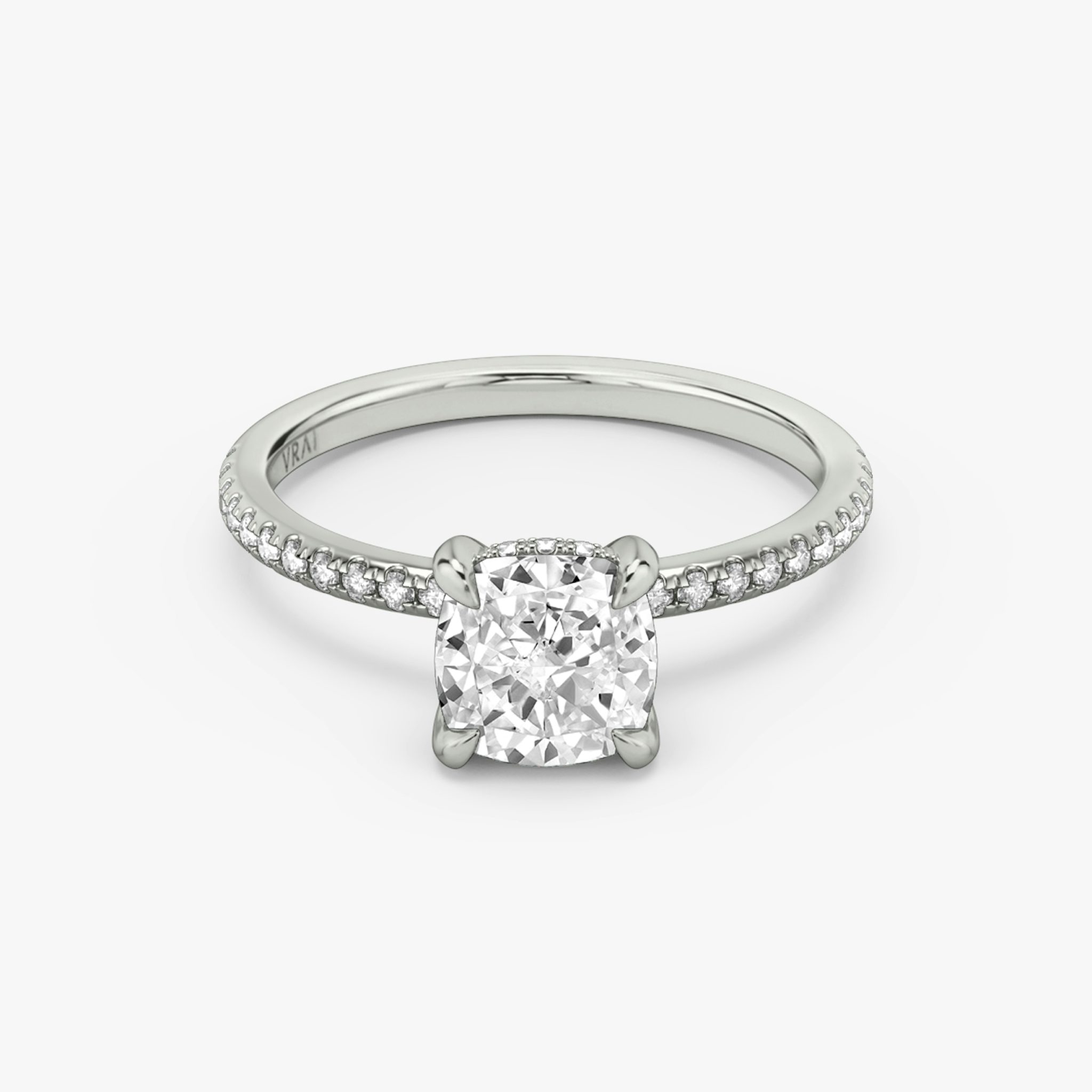 The Classic Hidden Halo | Cushion | 18k | White Gold | bandAccent: Pavé | bandWidth: standard | prongStyle: Plain | diamondOrientation: vertical | caratWeight: other