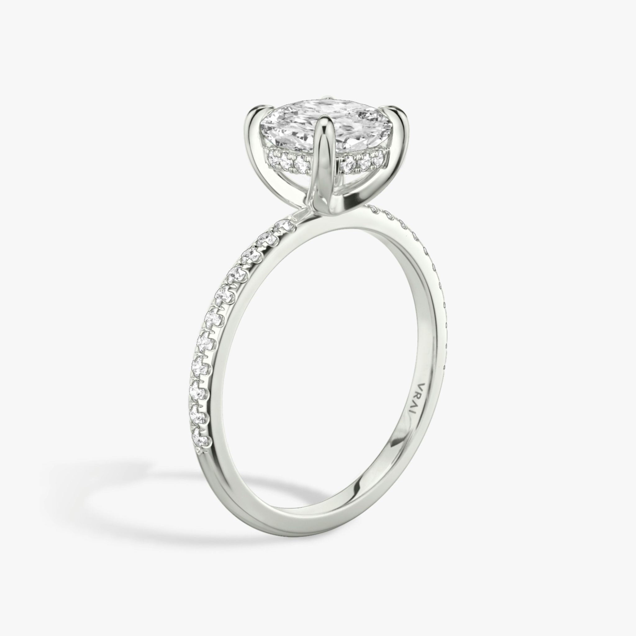 The Classic Hidden Halo | Cushion | 18k | White Gold | bandAccent: Pavé | bandWidth: standard | prongStyle: Plain | diamondOrientation: vertical | caratWeight: other