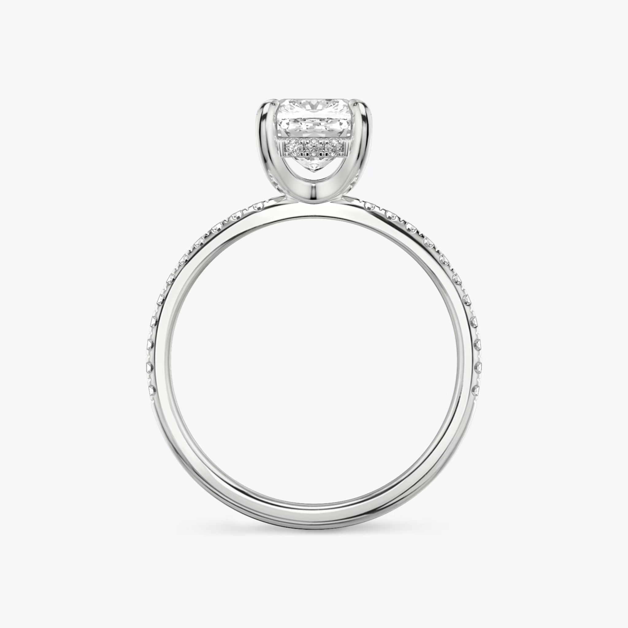 The Classic Hidden Halo | Cushion | 18k | White Gold | bandAccent: Pavé | bandWidth: standard | prongStyle: Plain | diamondOrientation: vertical | caratWeight: other