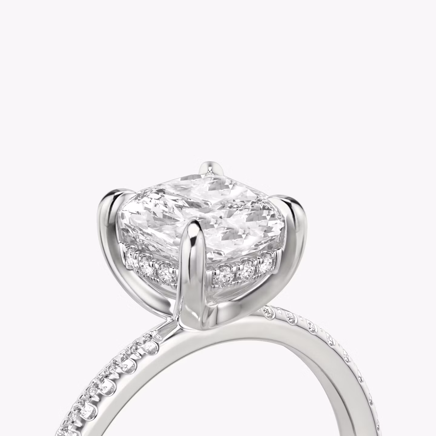 The Classic Hidden Halo | Cushion | Platinum | bandAccent: Pavé | bandWidth: standard | prongStyle: Plain | diamondOrientation: vertical | caratWeight: other