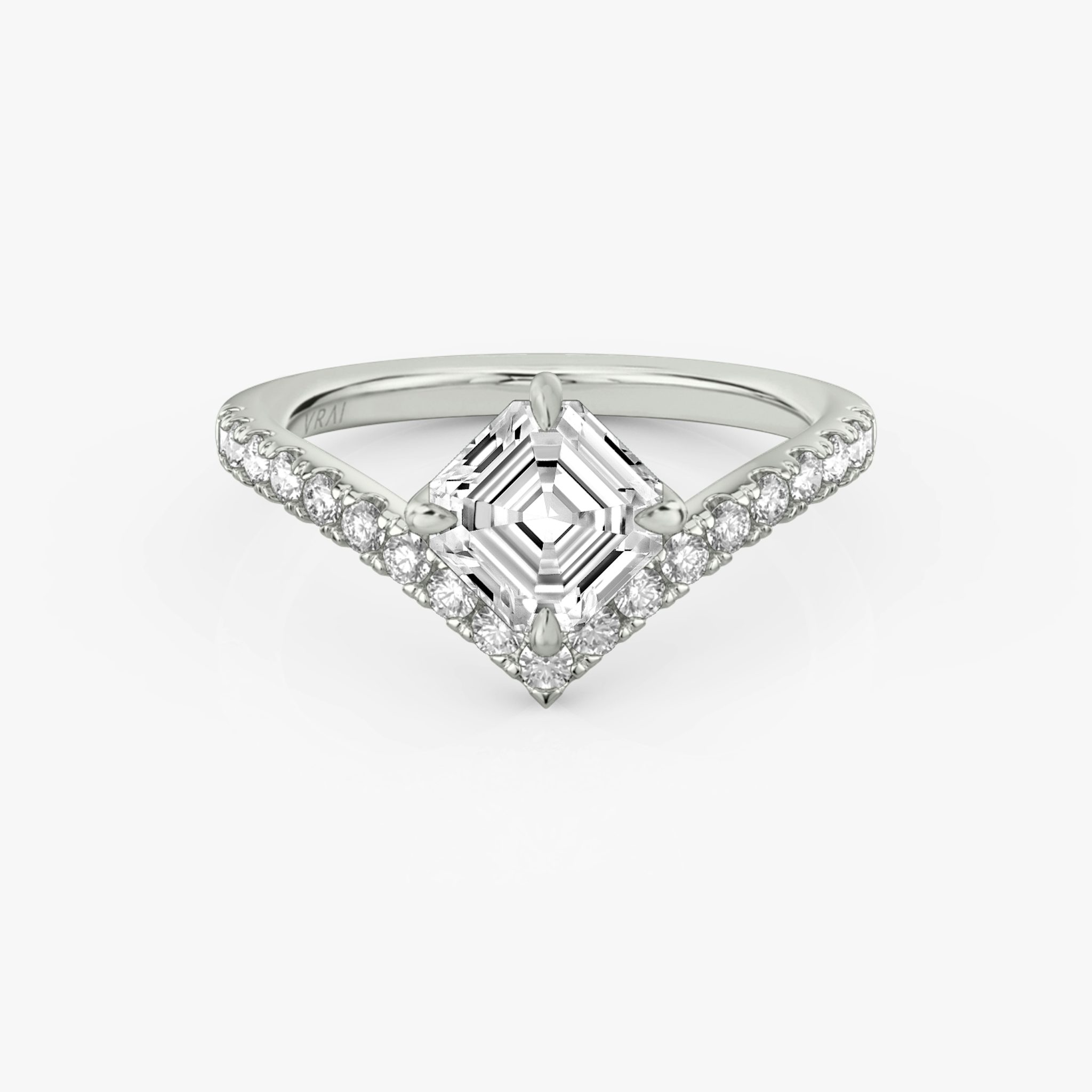 The Signature V | Asscher | 18k | White Gold | bandAccent: Pavé | diamondOrientation: vertical | caratWeight: other