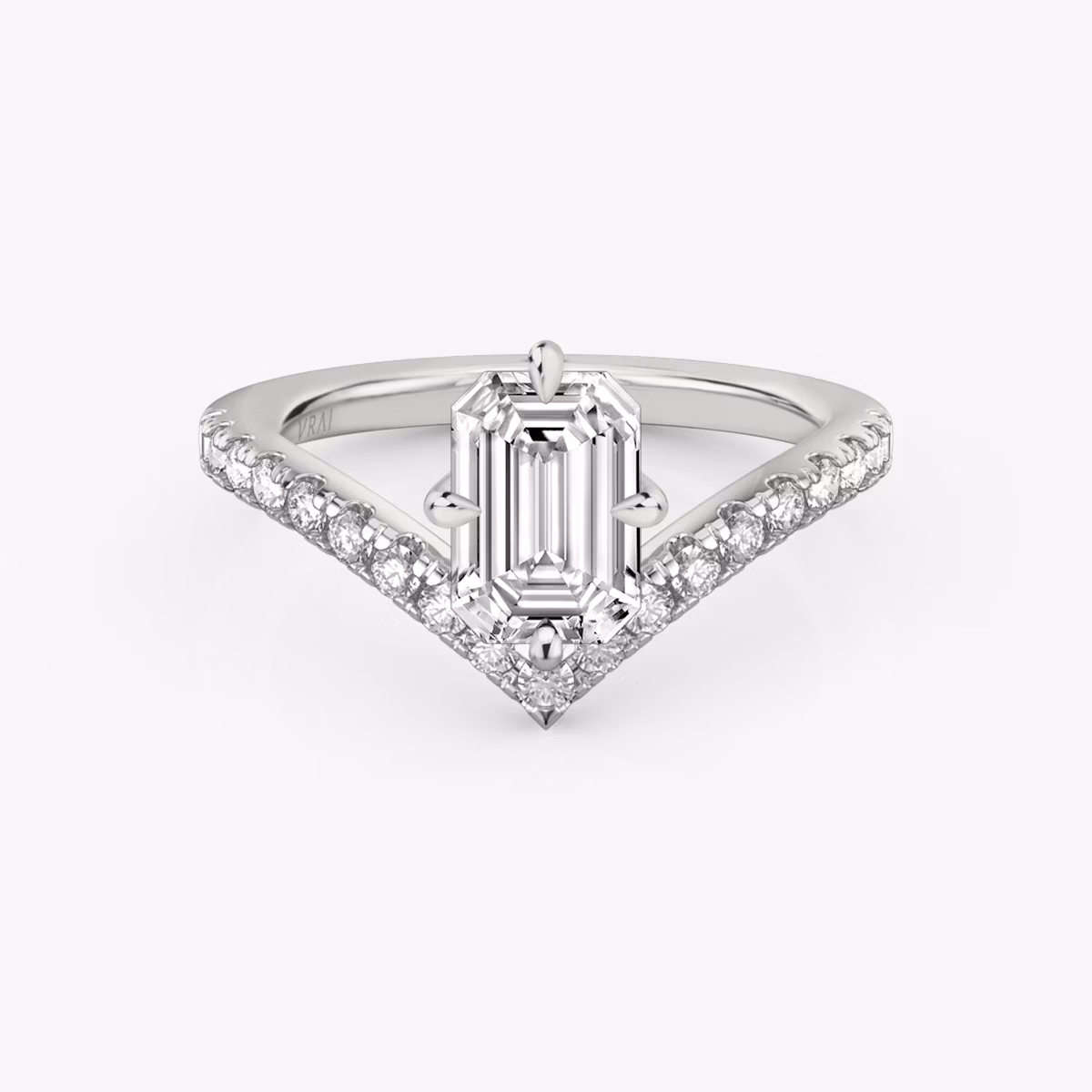 The Signature V | Emerald | Platinum | bandAccent: Pavé | diamondOrientation: vertical | caratWeight: other
