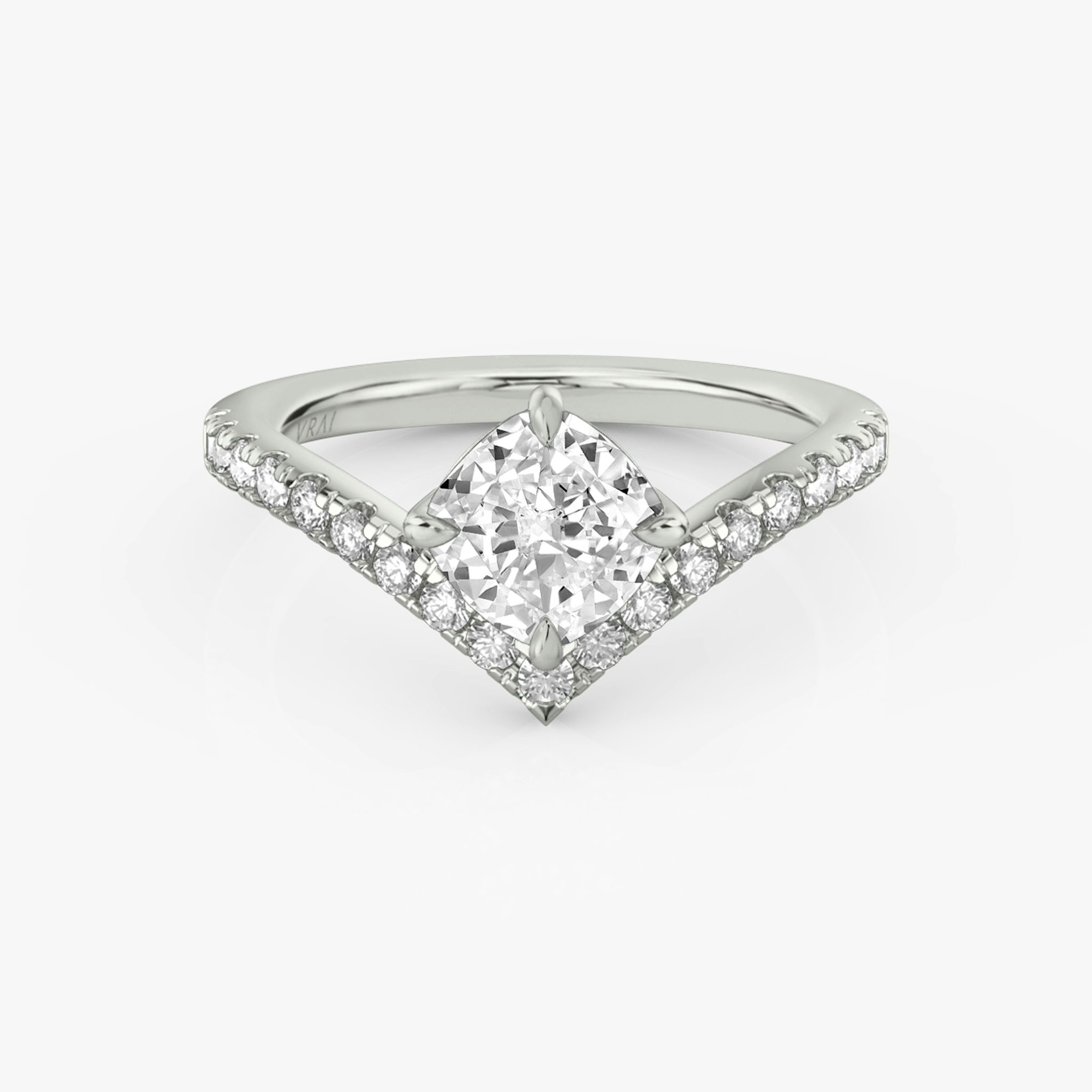 The Signature V | Cushion | 18k | White Gold | bandAccent: Pavé | diamondOrientation: vertical | caratWeight: other