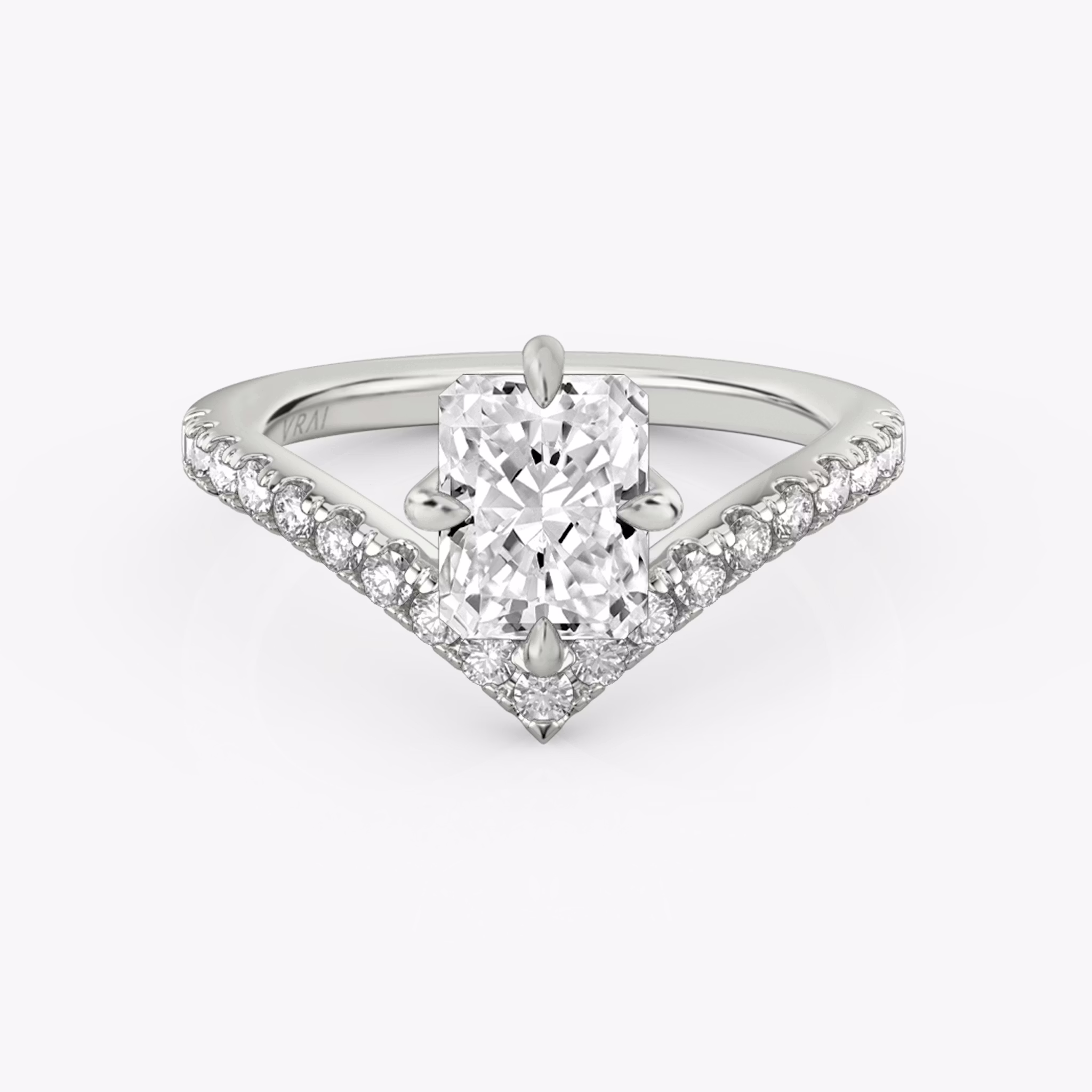 The Signature V | Radiant | 18k | White Gold | bandAccent: Pavé | diamondOrientation: vertical | caratWeight: other