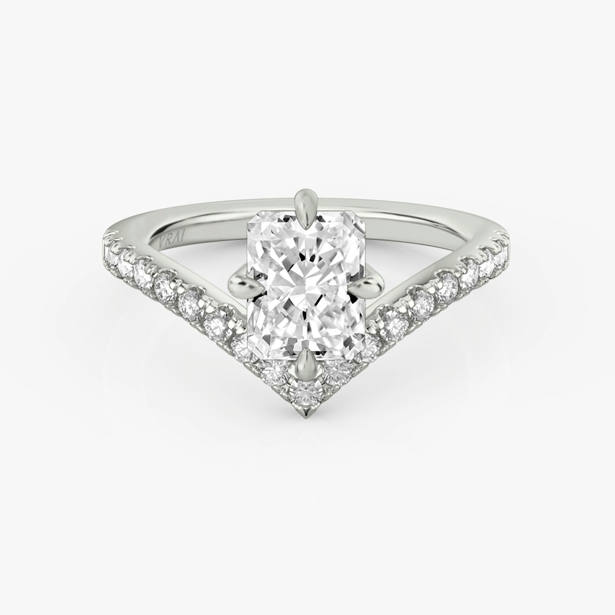 The Signature V | Radiant | 18k | White Gold | bandAccent: Pavé | diamondOrientation: vertical | caratWeight: other