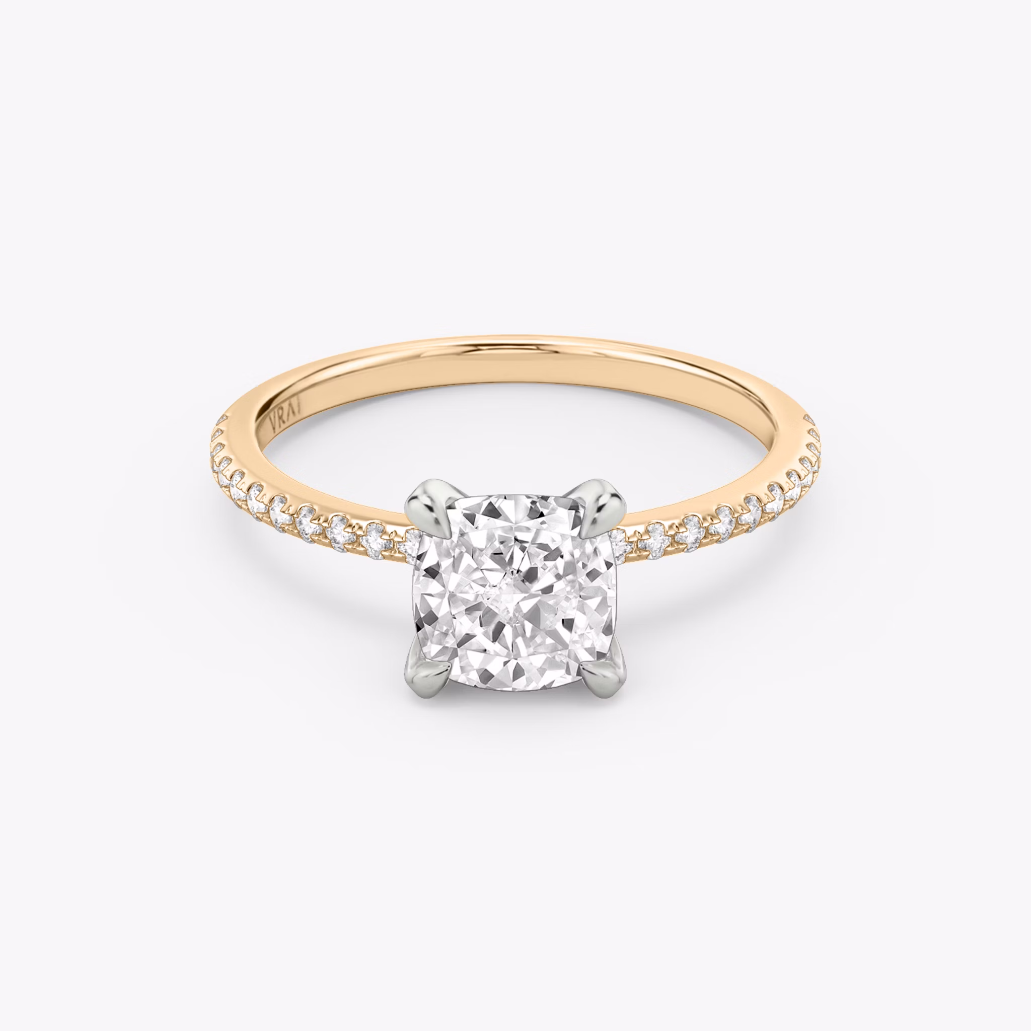 The Classic | Cushion | 14k | Rose Gold and Platinum | bandAccent: Pavé | bandWidth: standard | diamondOrientation: vertical | caratWeight: other