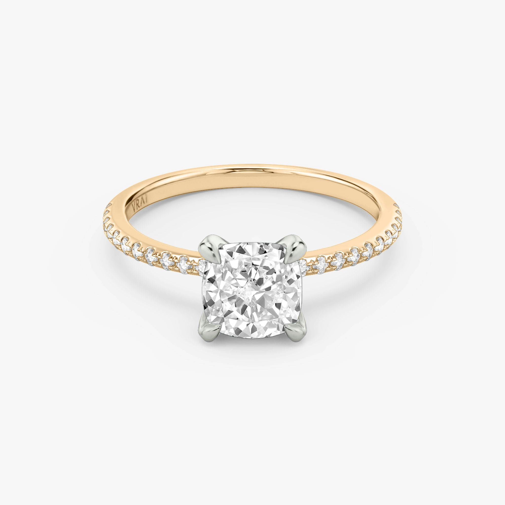 The Classic | Cushion | 14k | Rose Gold and Platinum | bandAccent: Pavé | bandWidth: standard | diamondOrientation: vertical | caratWeight: other