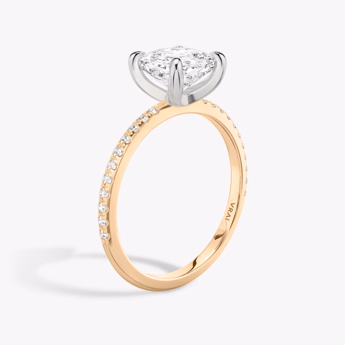 The Classic | Cushion | 14k | Rose Gold and Platinum | bandAccent: Pavé | bandWidth: standard | diamondOrientation: vertical | caratWeight: other