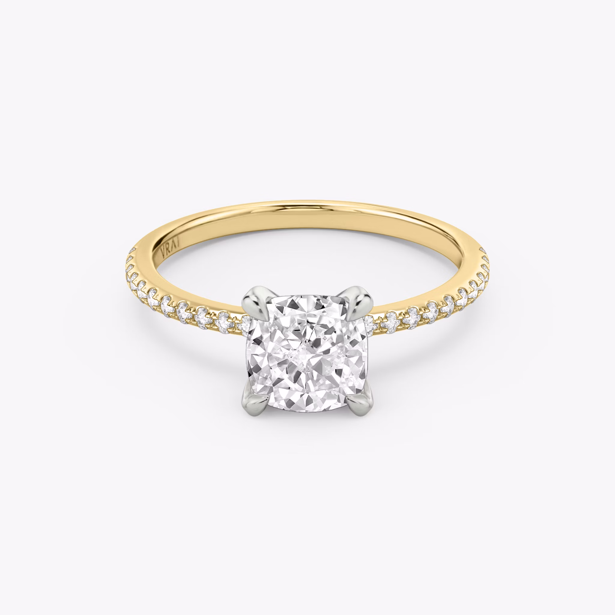 The Classic | Cushion | 18k | Yellow Gold and Platinum | bandAccent: Pavé | bandWidth: standard | diamondOrientation: vertical | caratWeight: other