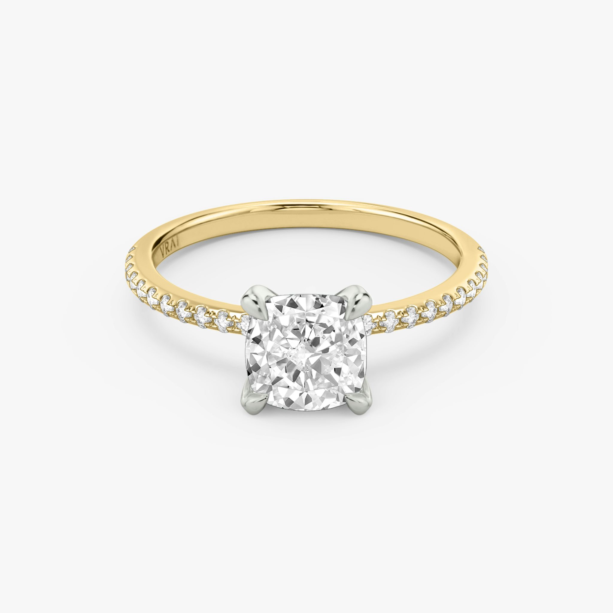 The Classic | Cushion | 18k | Yellow Gold and Platinum | bandAccent: Pavé | bandWidth: standard | diamondOrientation: vertical | caratWeight: other