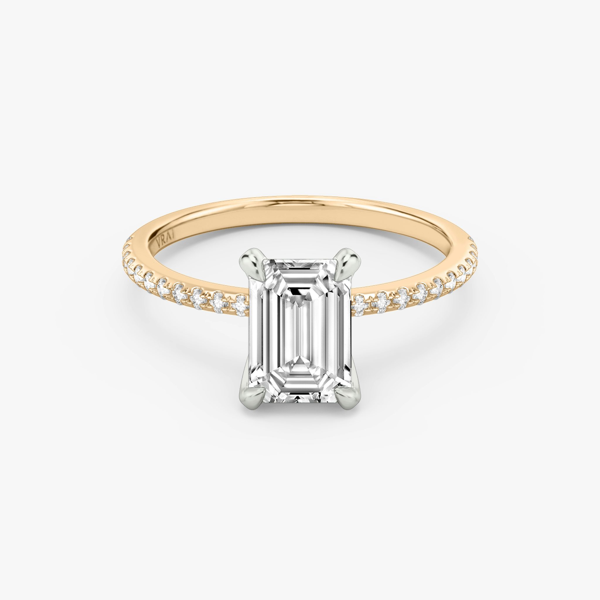 The Classic | Emerald | 14k | Rose Gold and Platinum | bandAccent: Pavé | bandWidth: standard | diamondOrientation: vertical | caratWeight: other