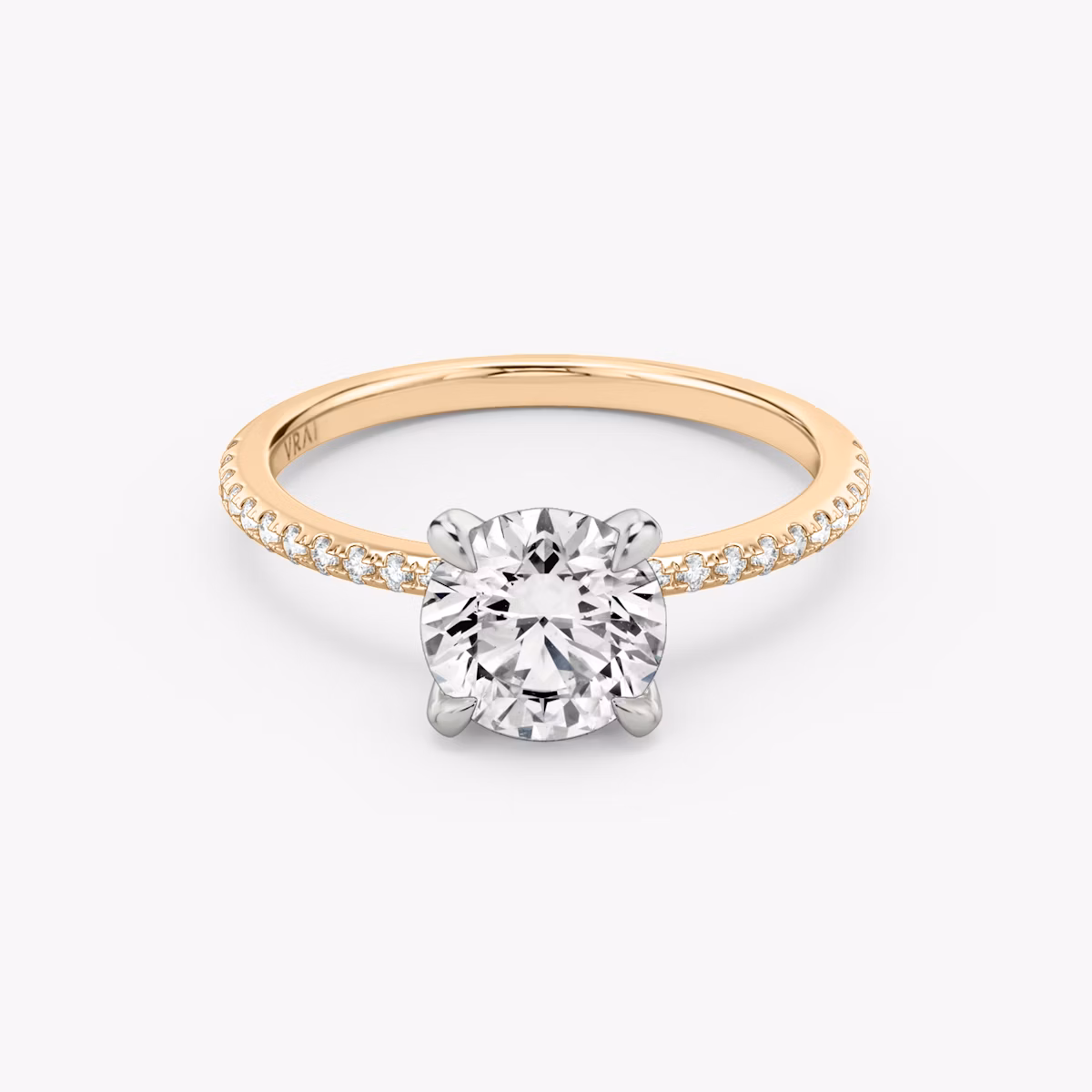 The Classic | Round Brilliant | 14k | Rose Gold and Platinum | bandAccent: Pavé | bandWidth: standard | caratWeight: 1.0ct | diamondOrientation: vertical