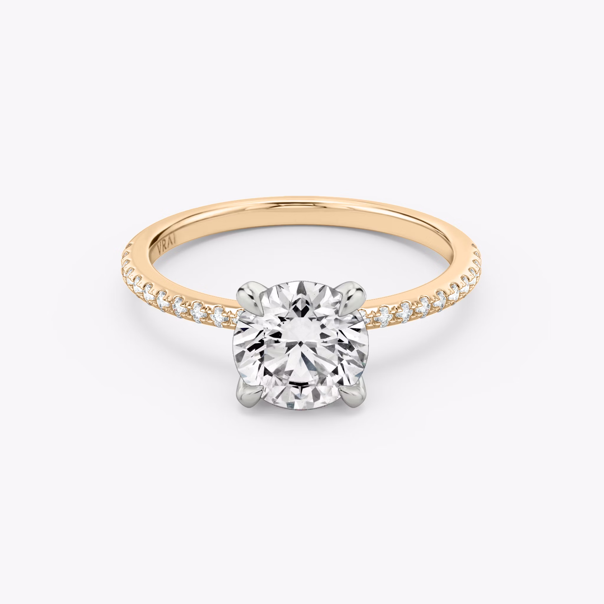 The Classic | Round Brilliant | 14k | Rose Gold and Platinum | bandAccent: Pavé | bandWidth: standard | caratWeight: other | diamondOrientation: vertical
