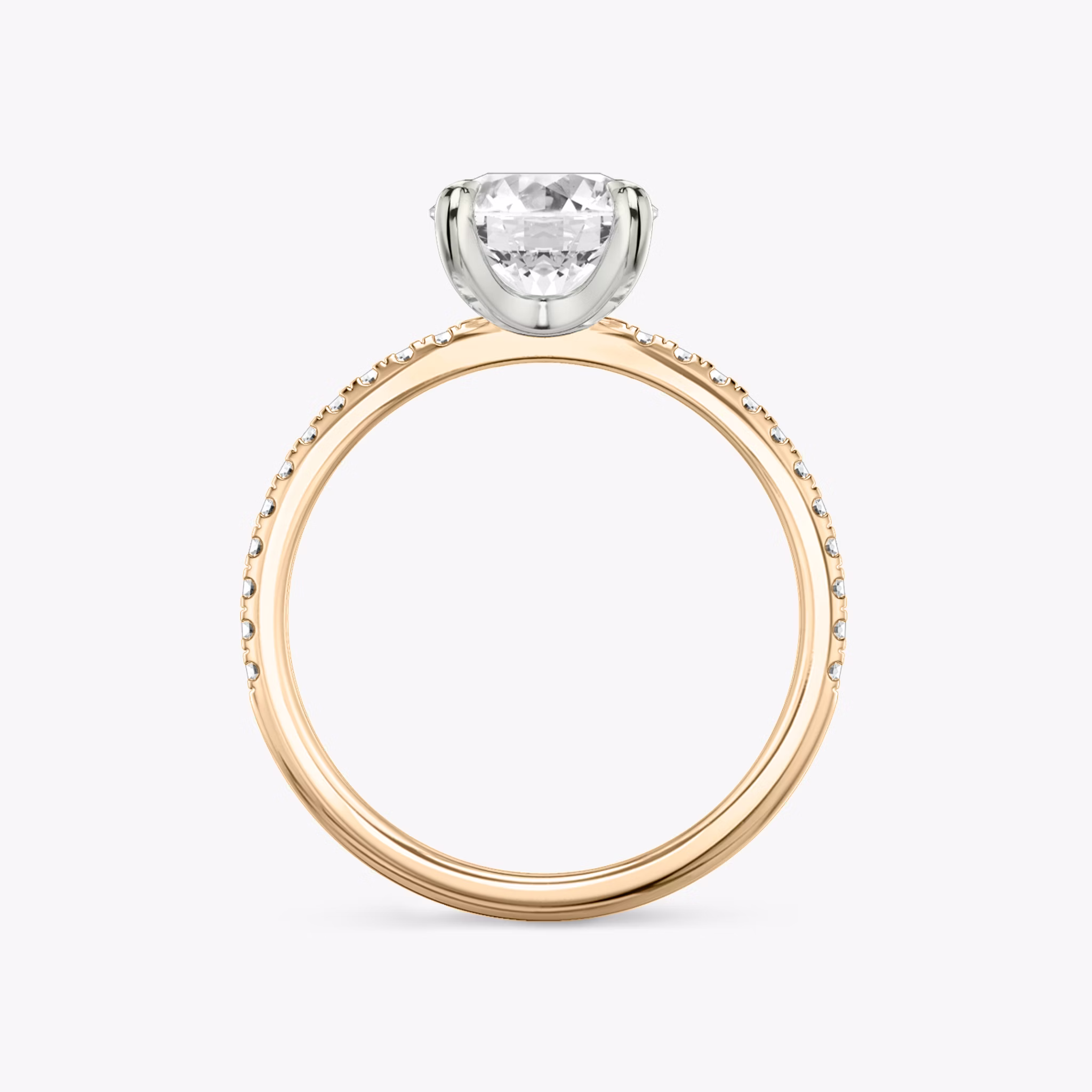 The Classic | Round Brilliant | 14k | Rose Gold and Platinum | bandAccent: Pavé | bandWidth: standard | caratWeight: other | diamondOrientation: vertical
