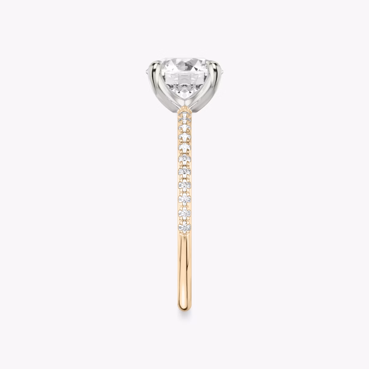 The Classic | Round Brilliant | 14k | Rose Gold and Platinum | bandAccent: Pavé | bandWidth: standard | caratWeight: 1.0ct | diamondOrientation: vertical