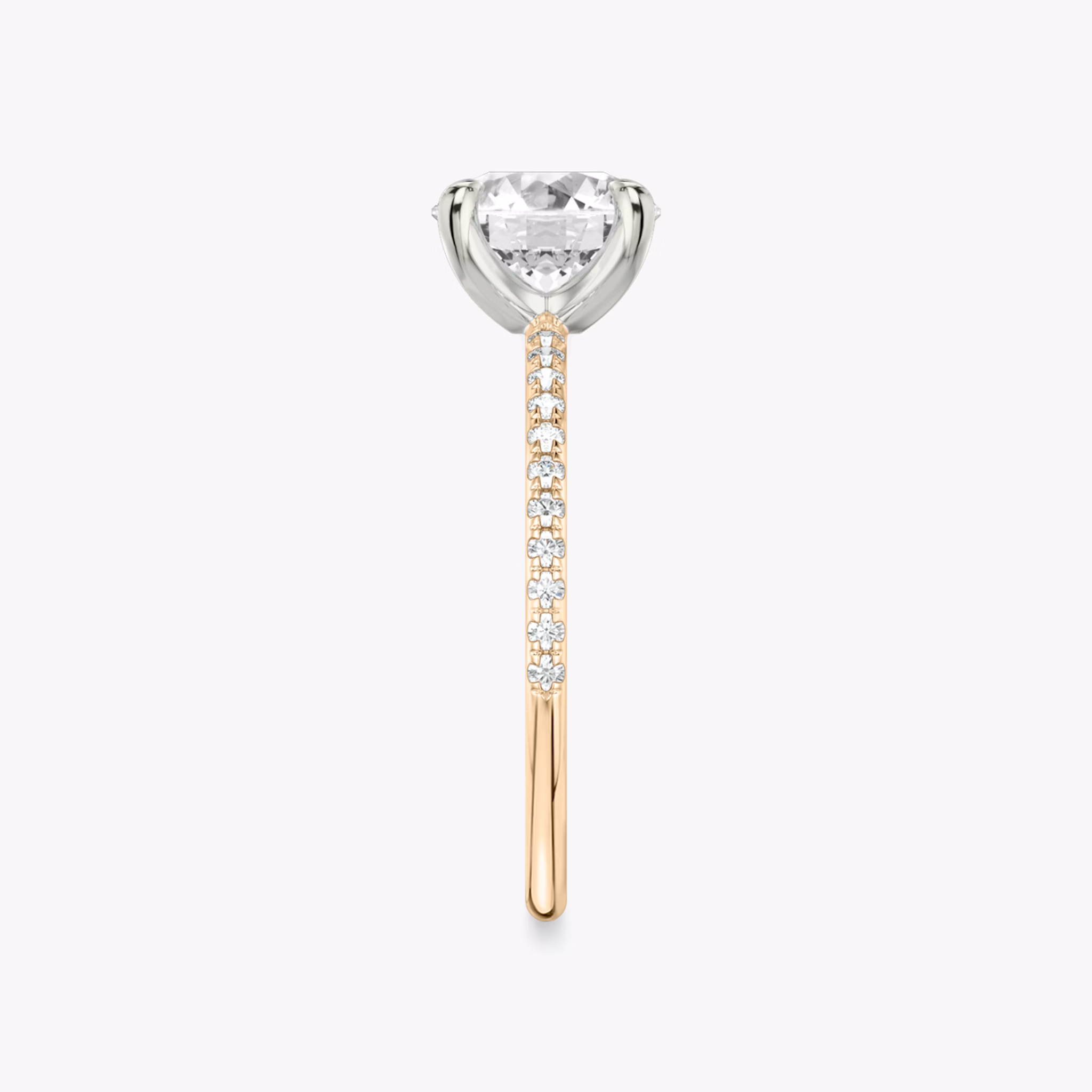 The Classic | Round Brilliant | 14k | Rose Gold and Platinum | bandAccent: Pavé | bandWidth: standard | caratWeight: other | diamondOrientation: vertical