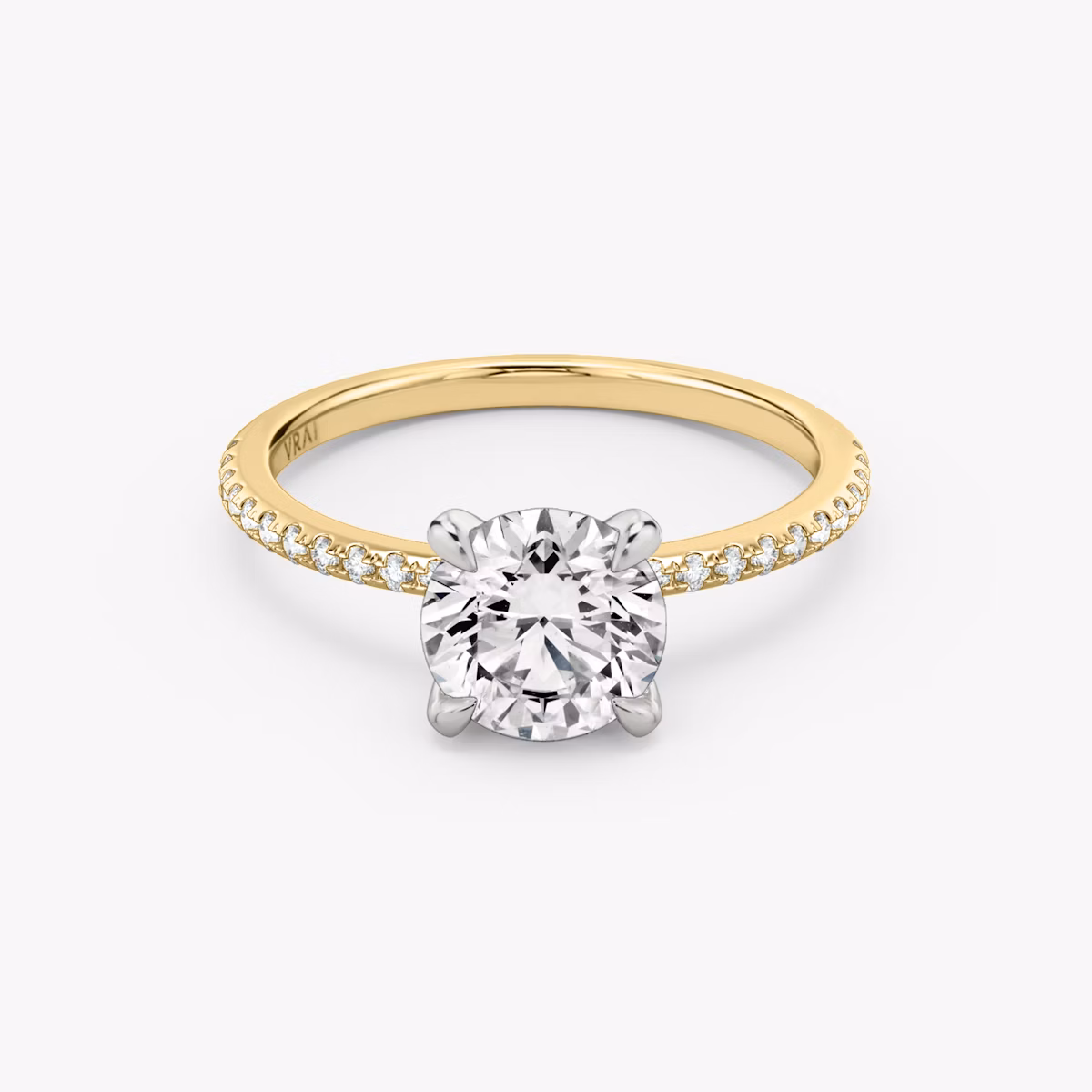 The Classic | Round Brilliant | 18k | Yellow Gold and Platinum | bandAccent: Pavé | bandWidth: standard | caratWeight: 1.5ct | diamondOrientation: vertical