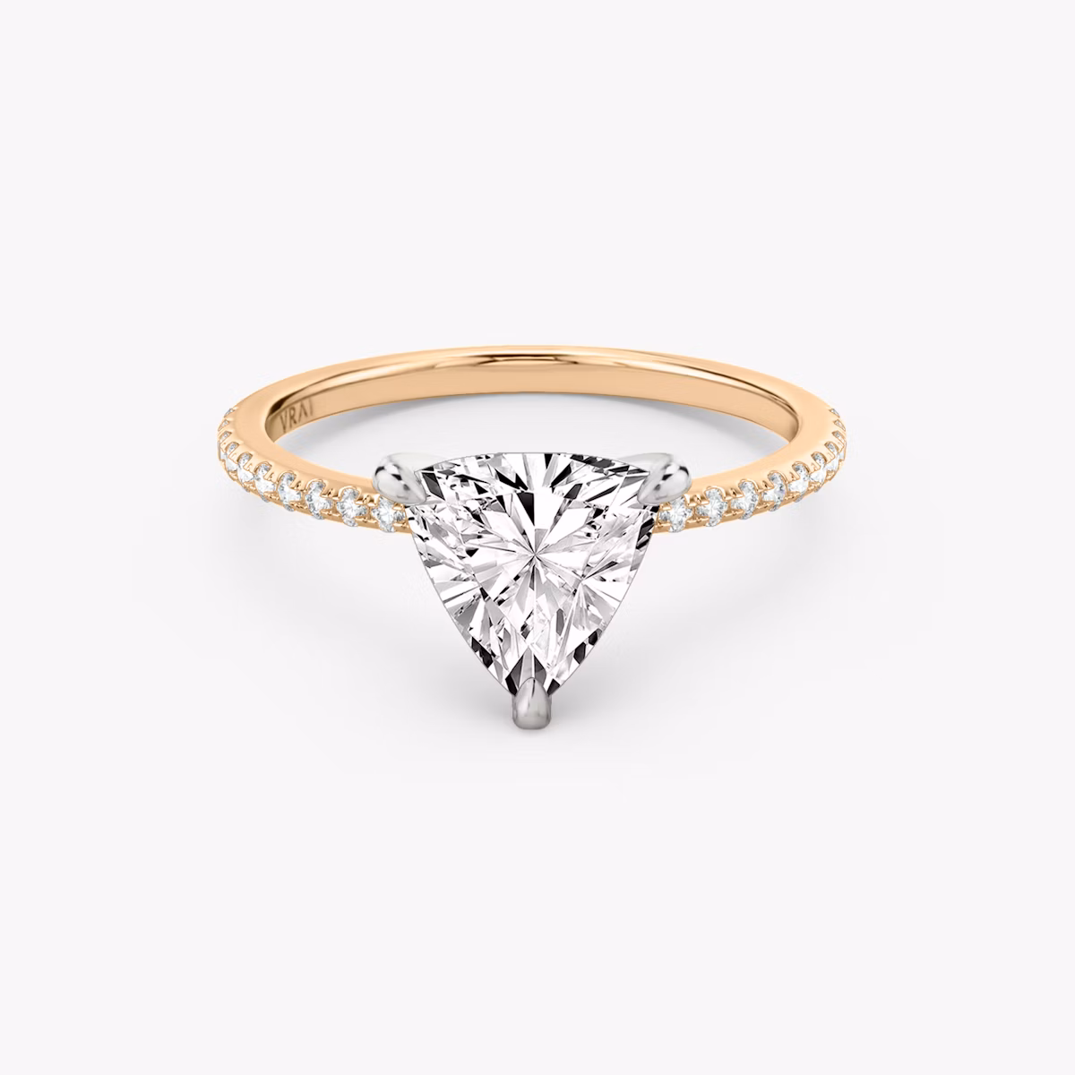 The Classic | Trillion | 14k | Rose Gold and Platinum | bandAccent: Pavé | bandWidth: standard | diamondOrientation: vertical | caratWeight: other