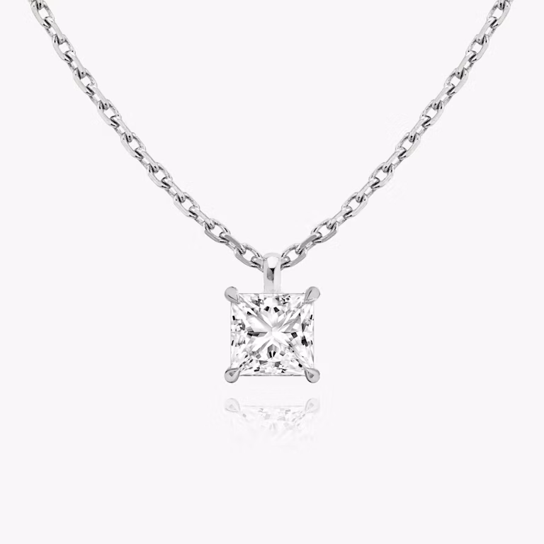 Princess cut diamond pendant in white gold front view