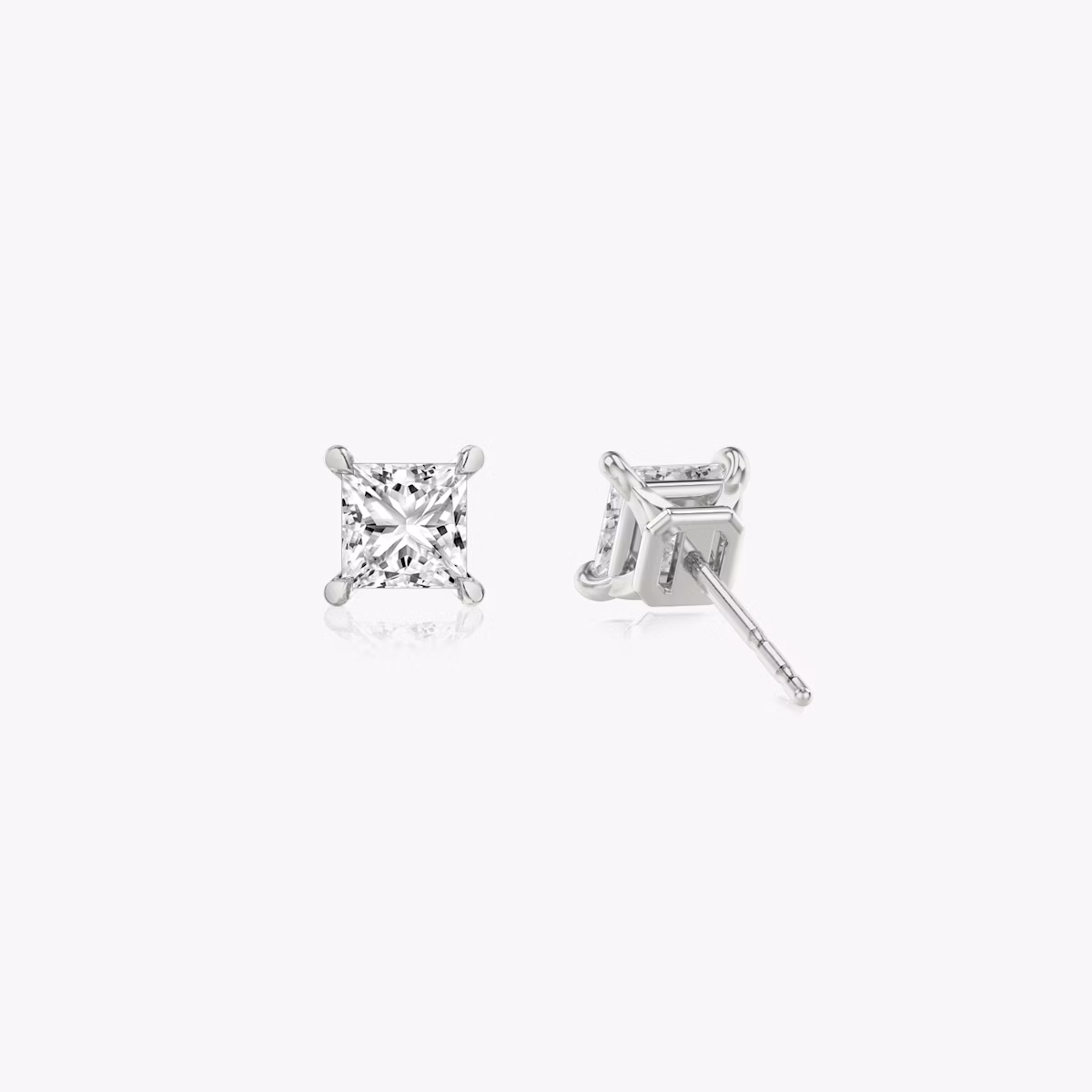 Two studs with a princess cut diamond in white gold back view
