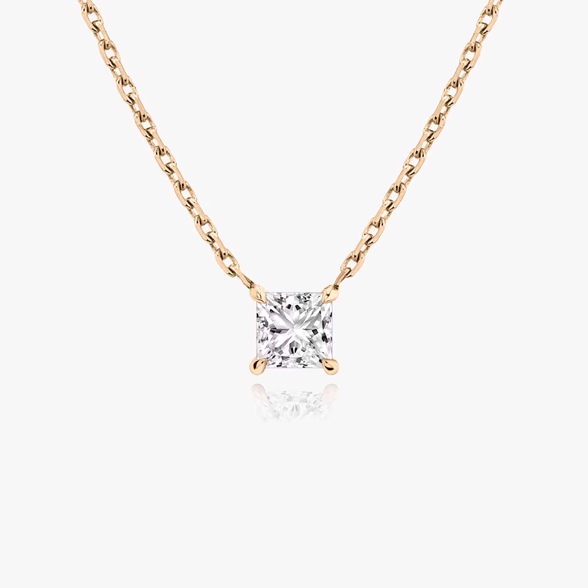 Princess cut diamond necklace in rose gold front view