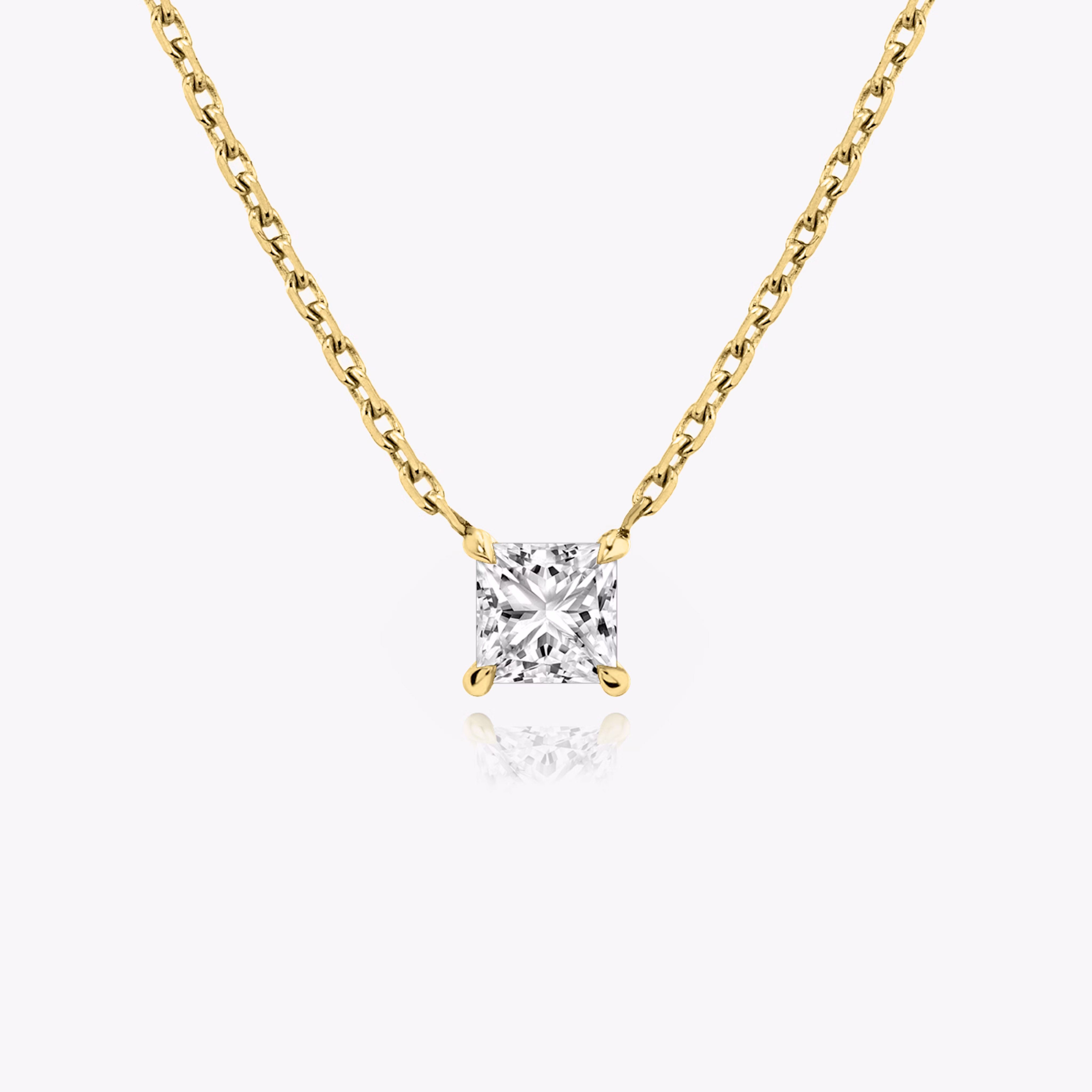 Princess cut diamond necklace in yellow gold front view
