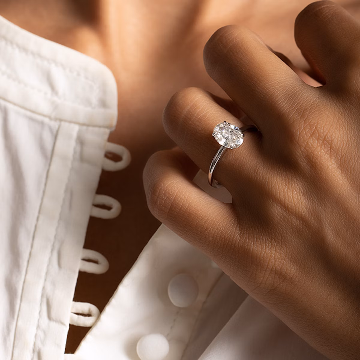 Close up of a White Gold Oval Engagement Ring