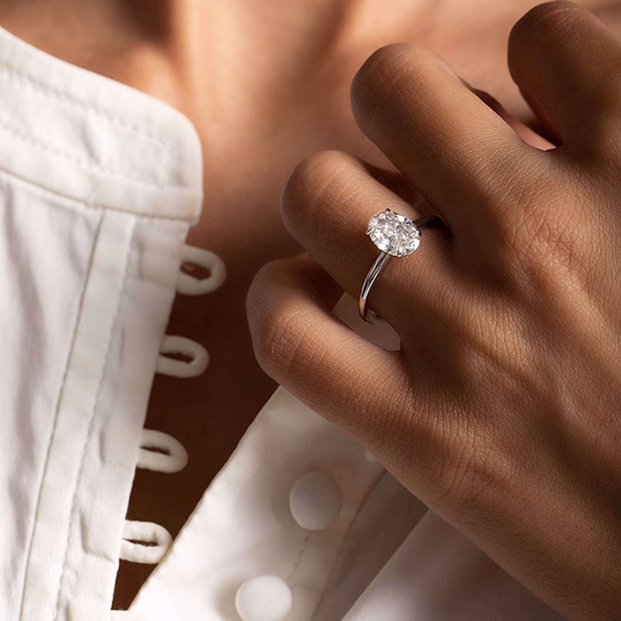 Close up of a White Gold Oval Engagement Ring