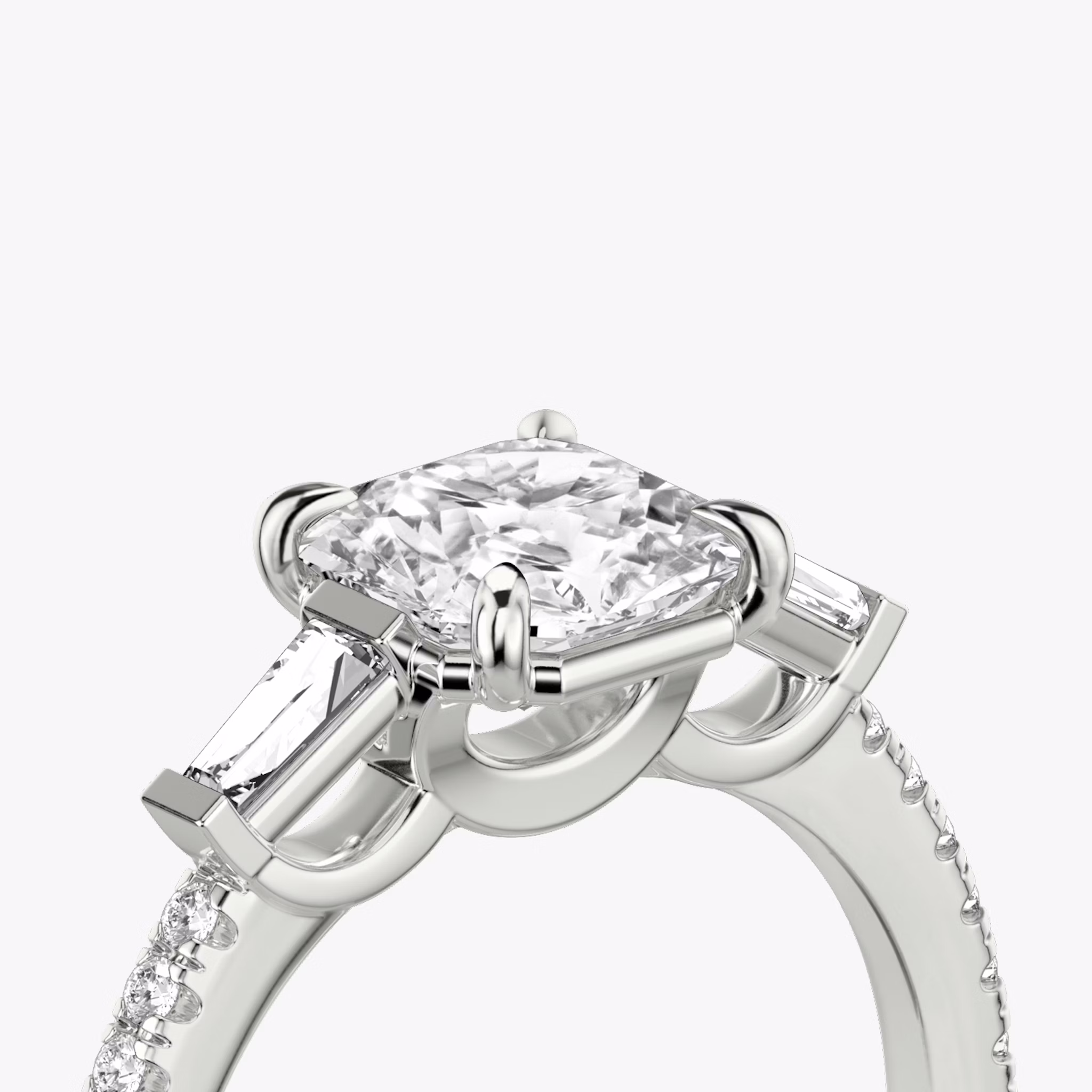 The Three Stone | Asscher | Platinum | bandAccent: Pavé | sideStoneCarat: 0.10ct | sideStoneShape: Tapered Baguette | diamondOrientation: vertical | caratWeight: other