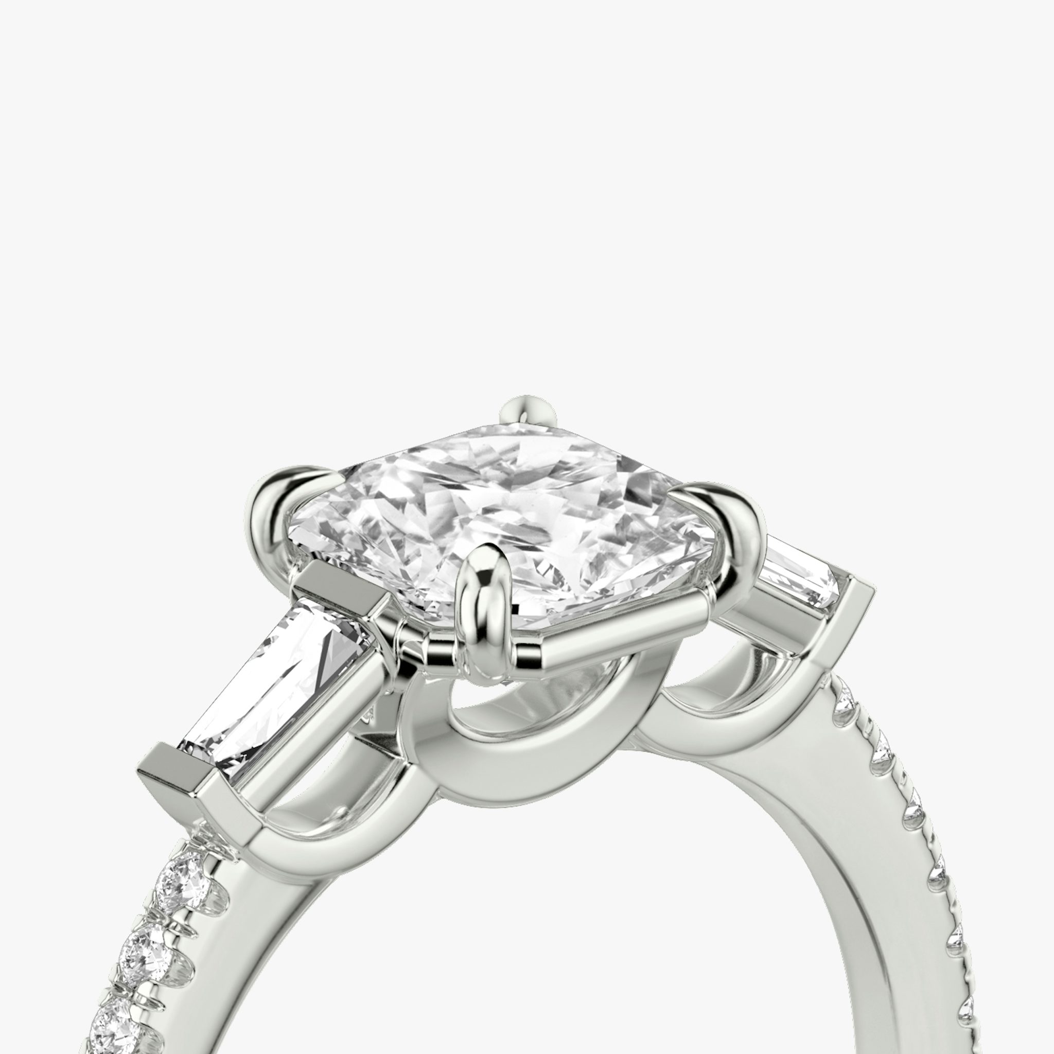 The Three Stone | Asscher | Platinum | bandAccent: Pavé | sideStoneCarat: 0.10ct | sideStoneShape: Tapered Baguette | diamondOrientation: vertical | caratWeight: other