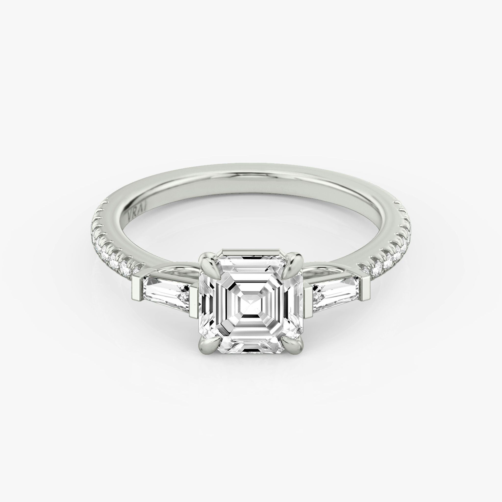 The Three Stone | Asscher | Platinum | bandAccent: Pavé | sideStoneCarat: 0.10ct | sideStoneShape: Tapered Baguette | diamondOrientation: vertical | caratWeight: other