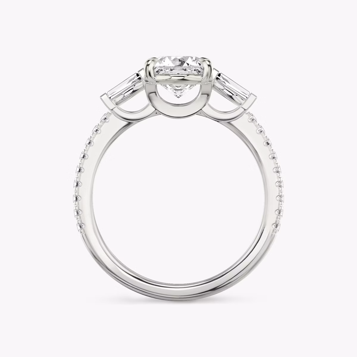 The Three Stone | Asscher | Platinum | bandAccent: Pavé | sideStoneCarat: 0.10ct | sideStoneShape: Tapered Baguette | diamondOrientation: vertical | caratWeight: other
